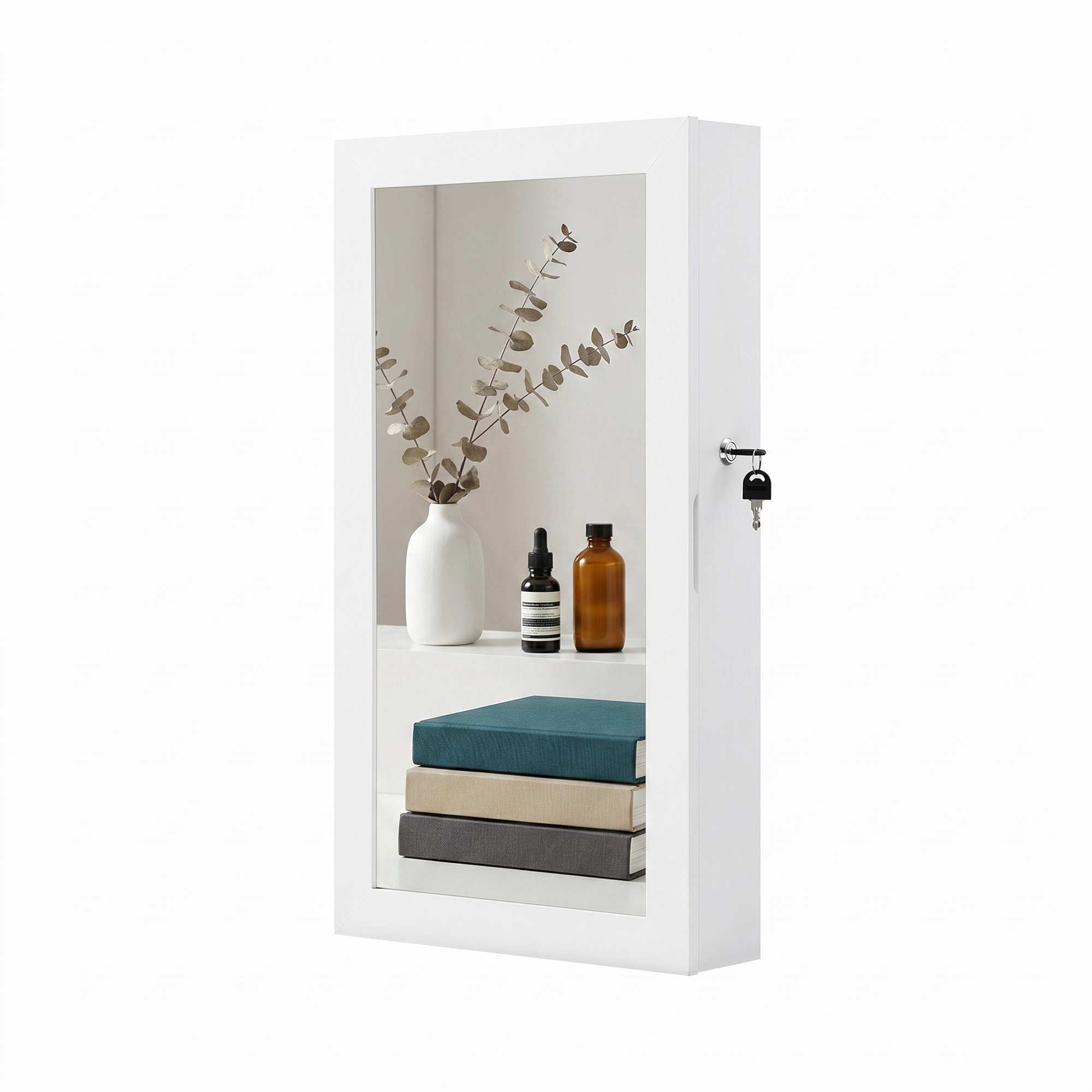 Lockable Jewellery Cabinet Armoire with Mirror, Wall-Mounted Space Saving Jewellery Storage Organizer, White Surface