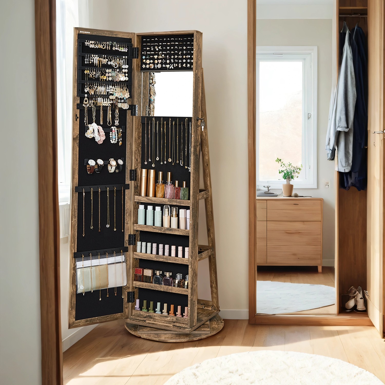 Freestanding Jewellery Organiser, Jewellery Cabinet with Full-Length Mirror, 360° Swivel Freestanding Jewellery Organiser, Jewellery Cabinet with Full-Length Mirror, 360° Swivel