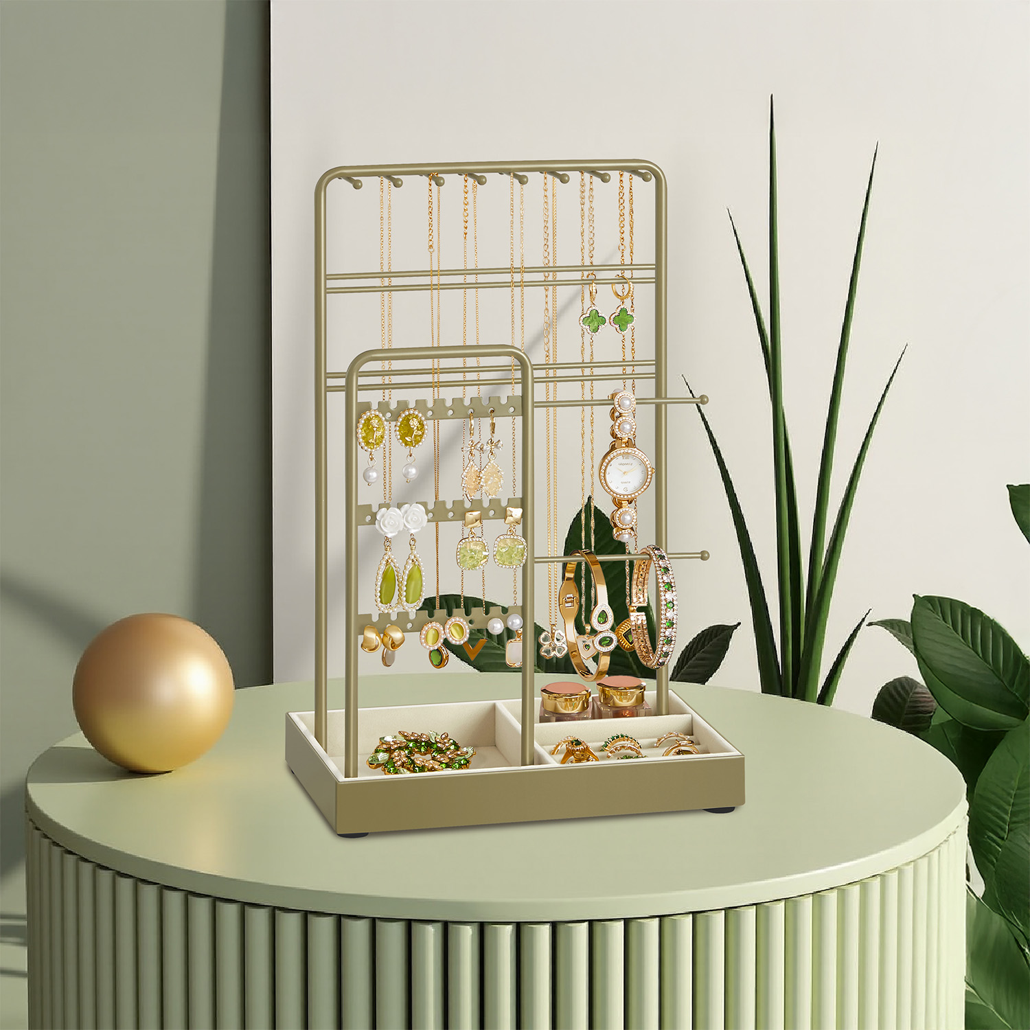 Jewellery Organizer with Metal Frame and Velvet-Lined Tray, Display Stand for Earrings, Bracelets Jewellery Organizer with Metal Frame and Velvet-Lined Tray, Display Stand for Earrings, Bracelets
