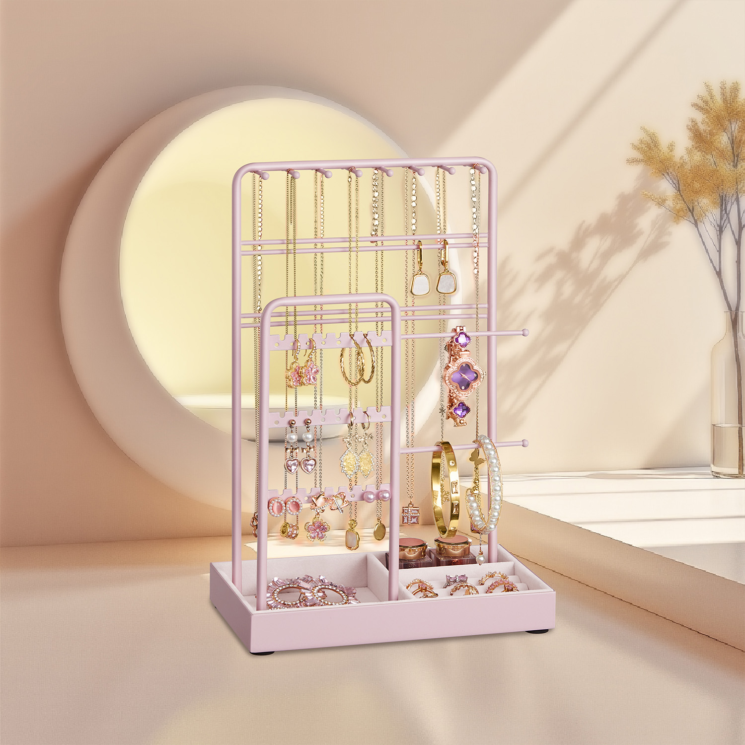 Jewellery Organizer with Metal Frame and Velvet-Lined Tray,  Display Stand for Earrings, Bracelets