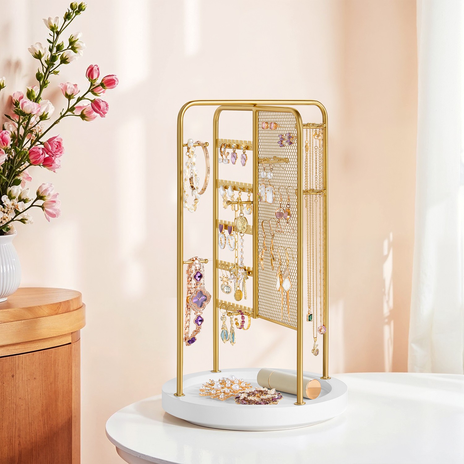 Rotating Jewellery Display Stand with Bottom Tray, Gold