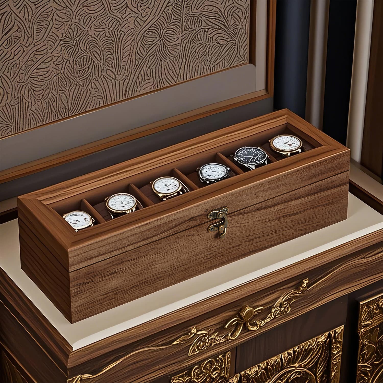 6-Slot Watch Box Organiser, Wood Watch Display Case with Glass Lid, Gift for Loved Ones, Rustic Walnut Color