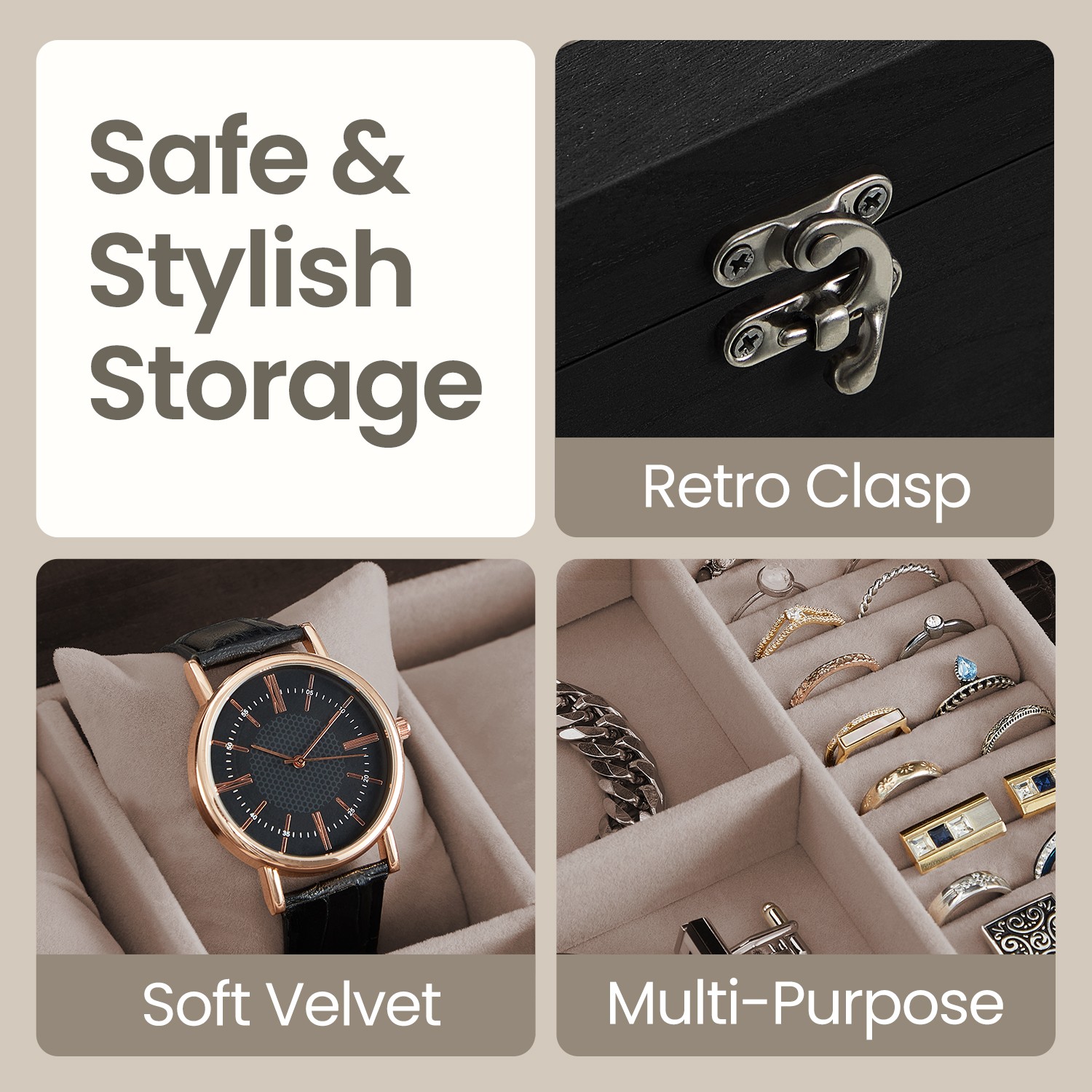 Watch Box with 8 Slots, 2-Tier Wood Watch Case with Large Glass Lid, Watch Pillows
