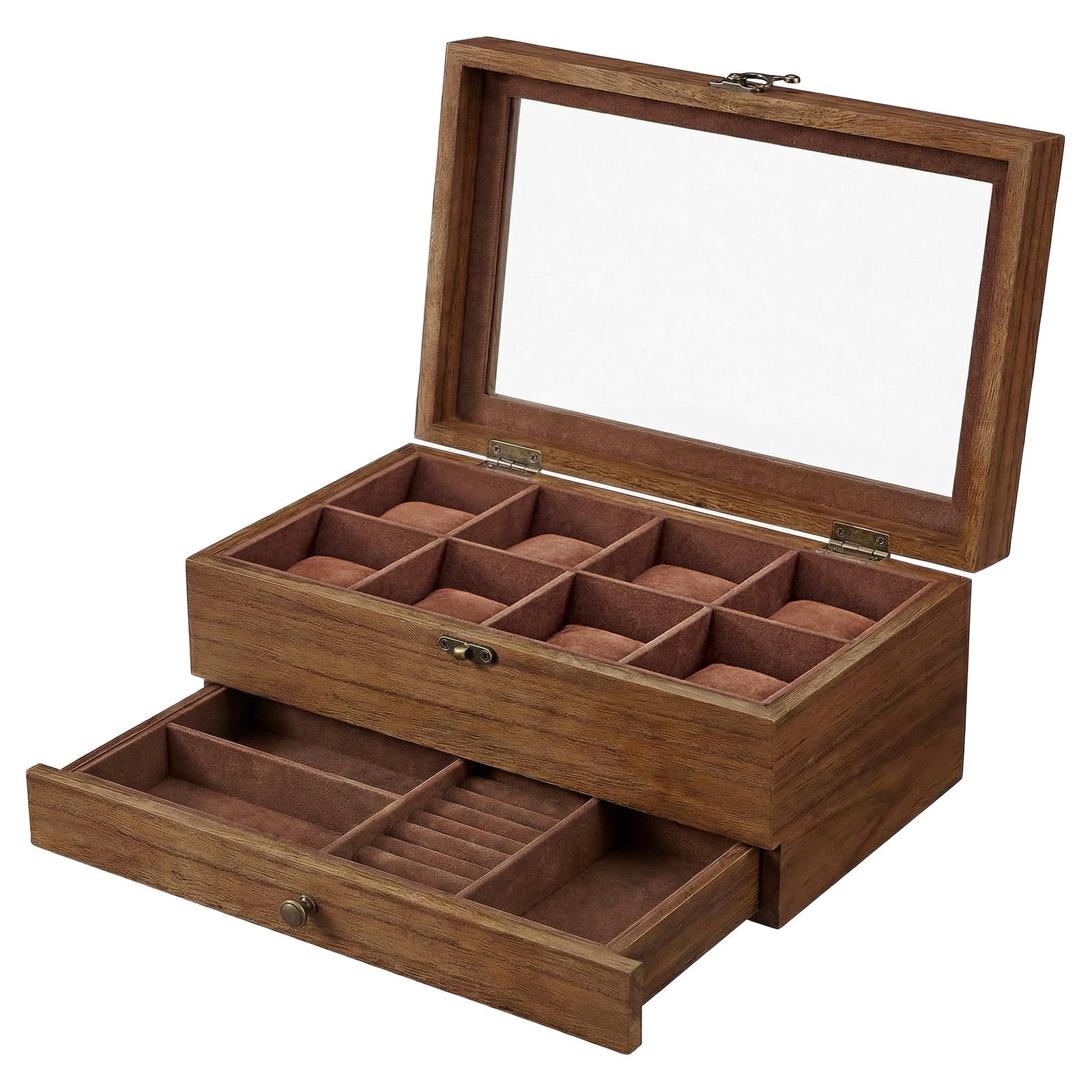 8-Slot Watch Box Organiser, 2-Layer Wood Watch Case with Glass Lid, Jewellery Storage, Gift Idea, Rustic Walnut Color