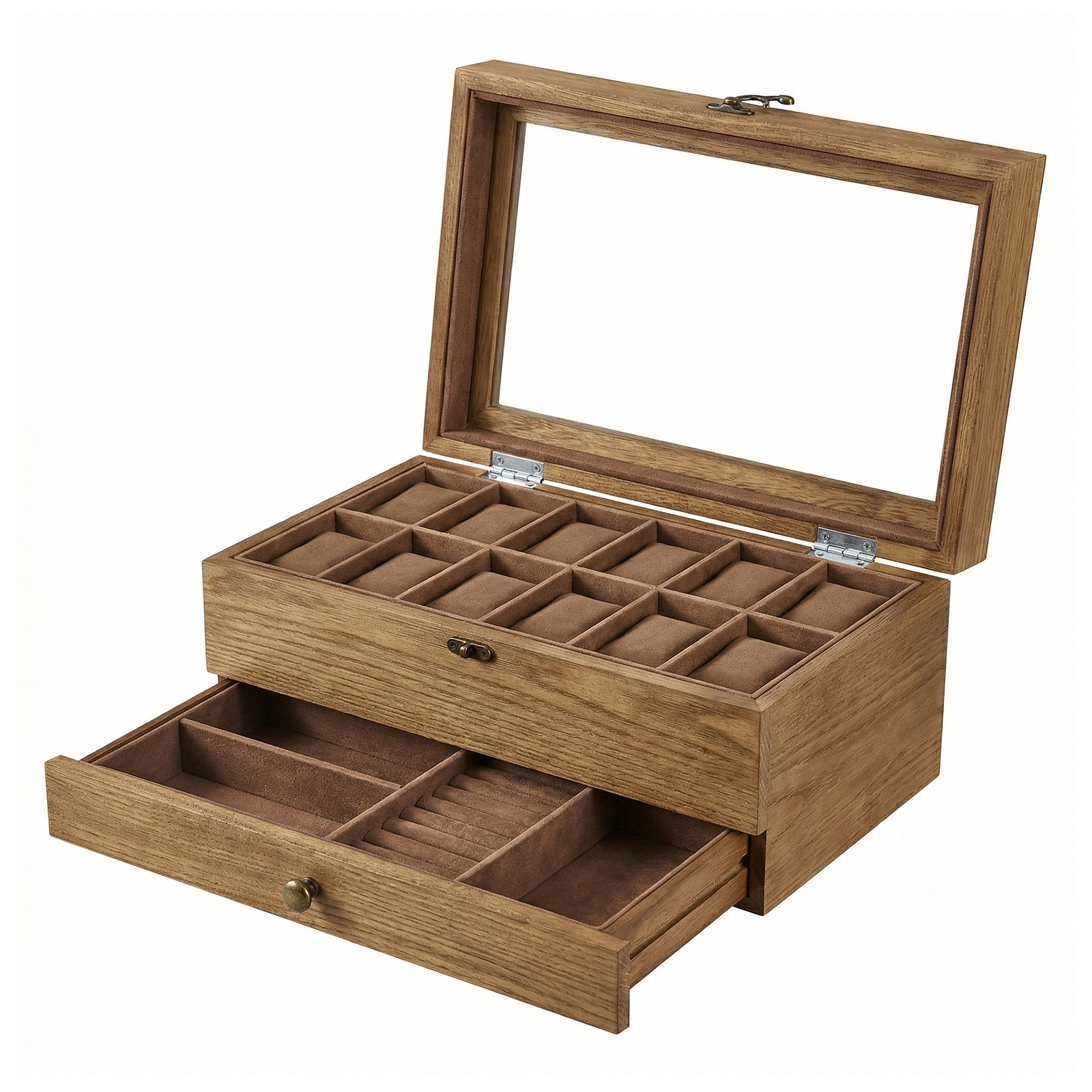12-Slot Watch Box Organiser, 2-Layer Wood Watch Case with Glass Lid, Jewellery Storage, Gift Idea, Rustic Walnut Color
