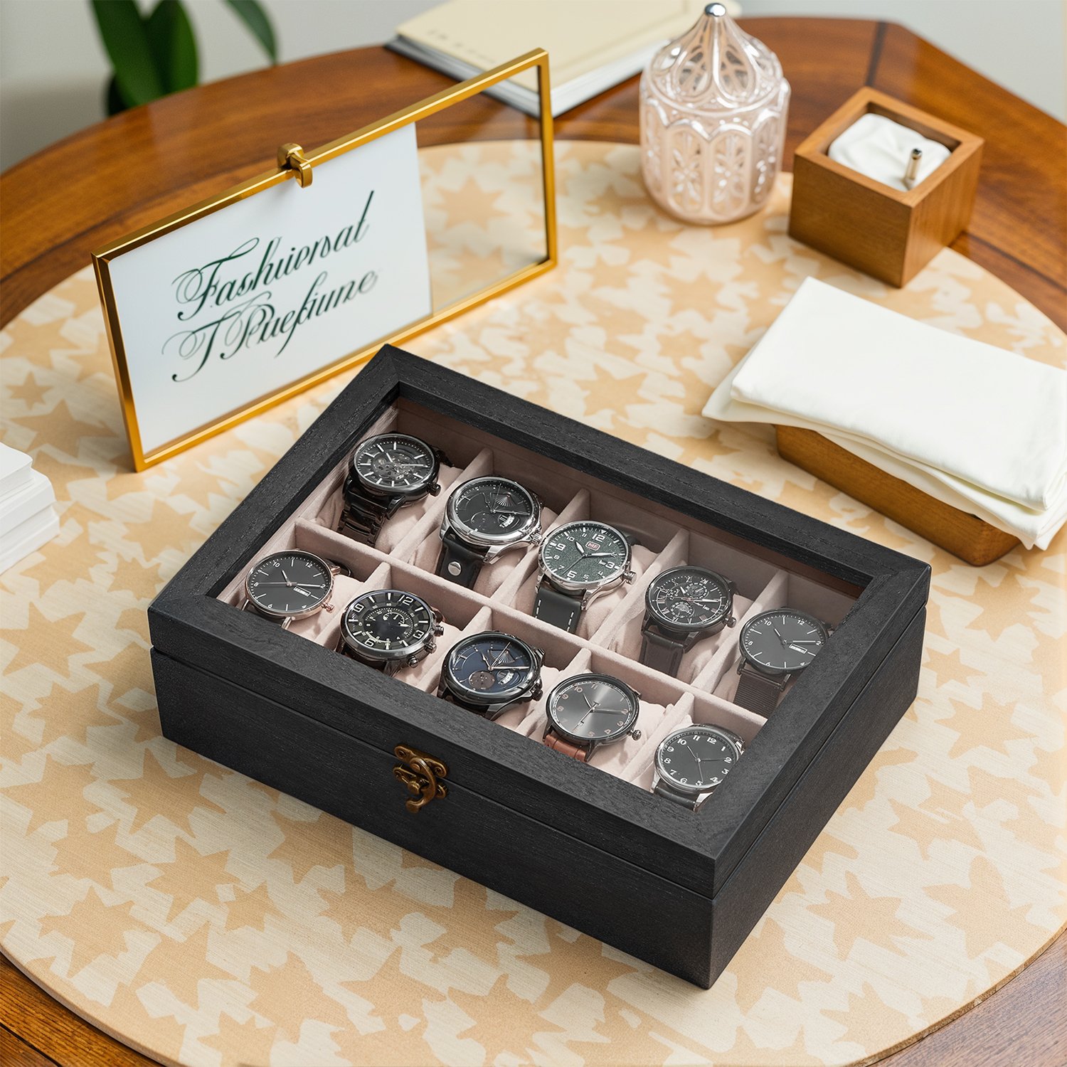 Watch Box with 10 Slots, Watch Case, Solid Wood Watch Box Organiser with Glass Lid Watch Box with 10 Slots, Watch Case, Solid Wood Watch Box Organiser with Glass Lid