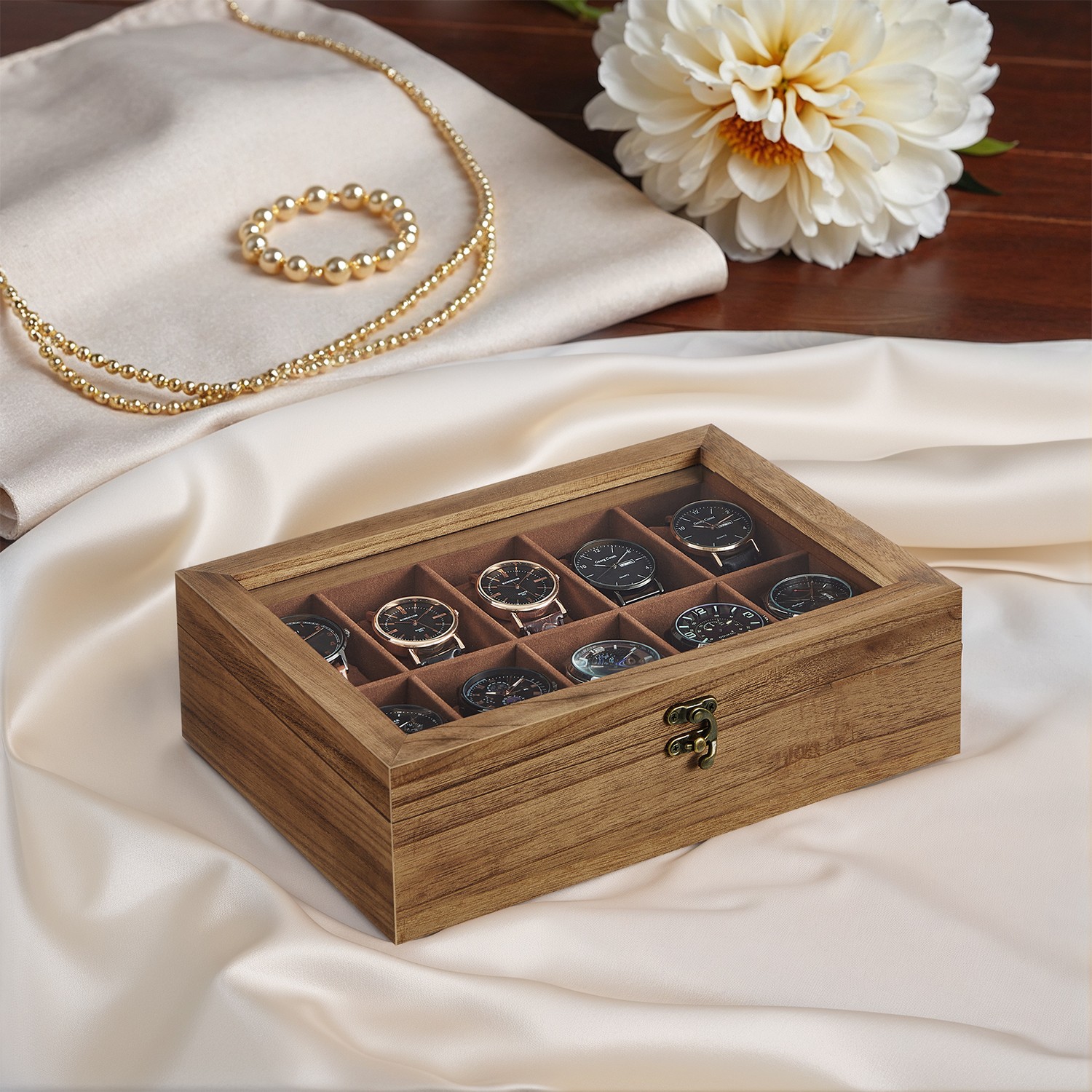 Watch Box with 10 Slots, Watch Case, Solid Wood Watch Box Organiser with Glass Lid