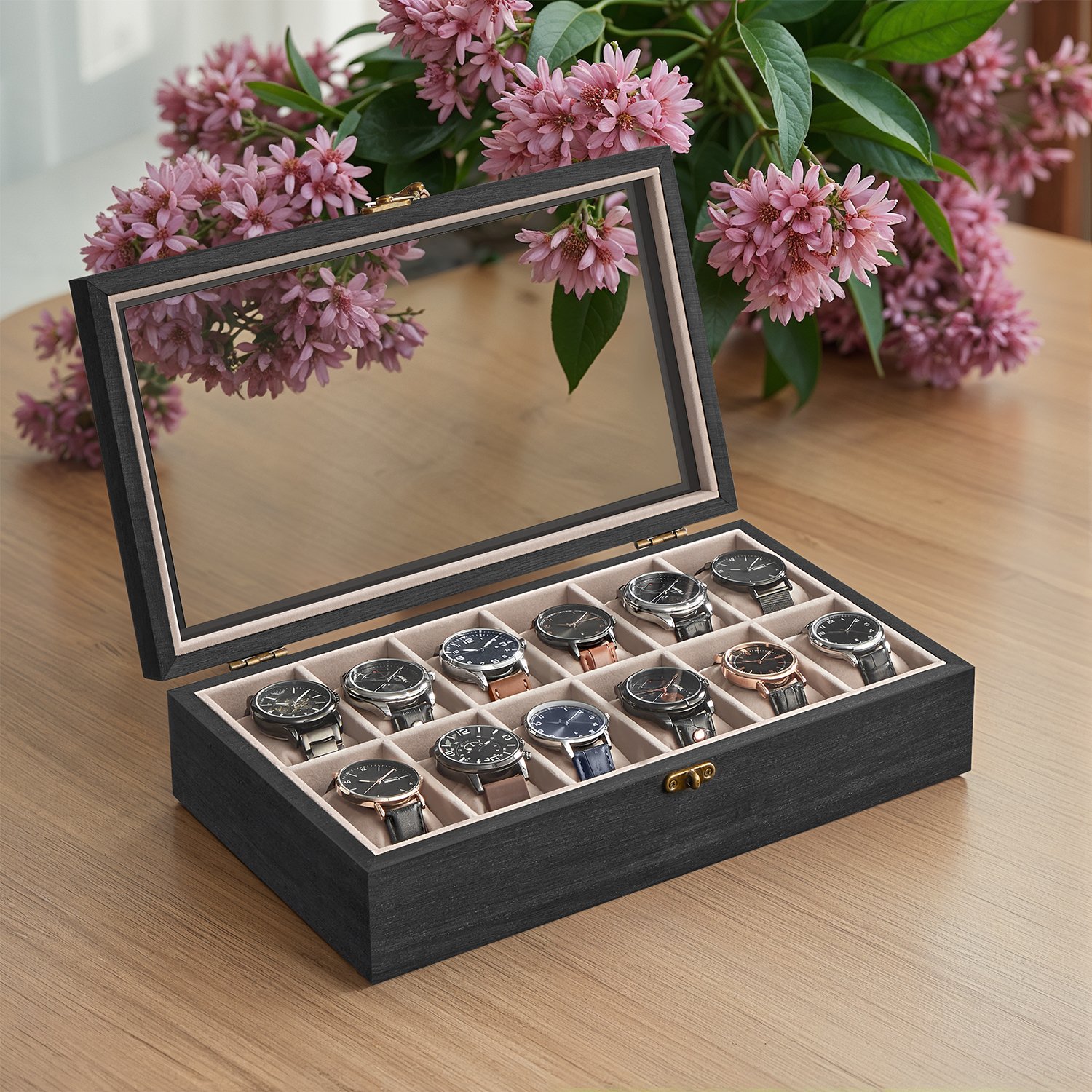 Solid Wood Watch Box Case with 12 Slots, Glass Lid, Gift Idea