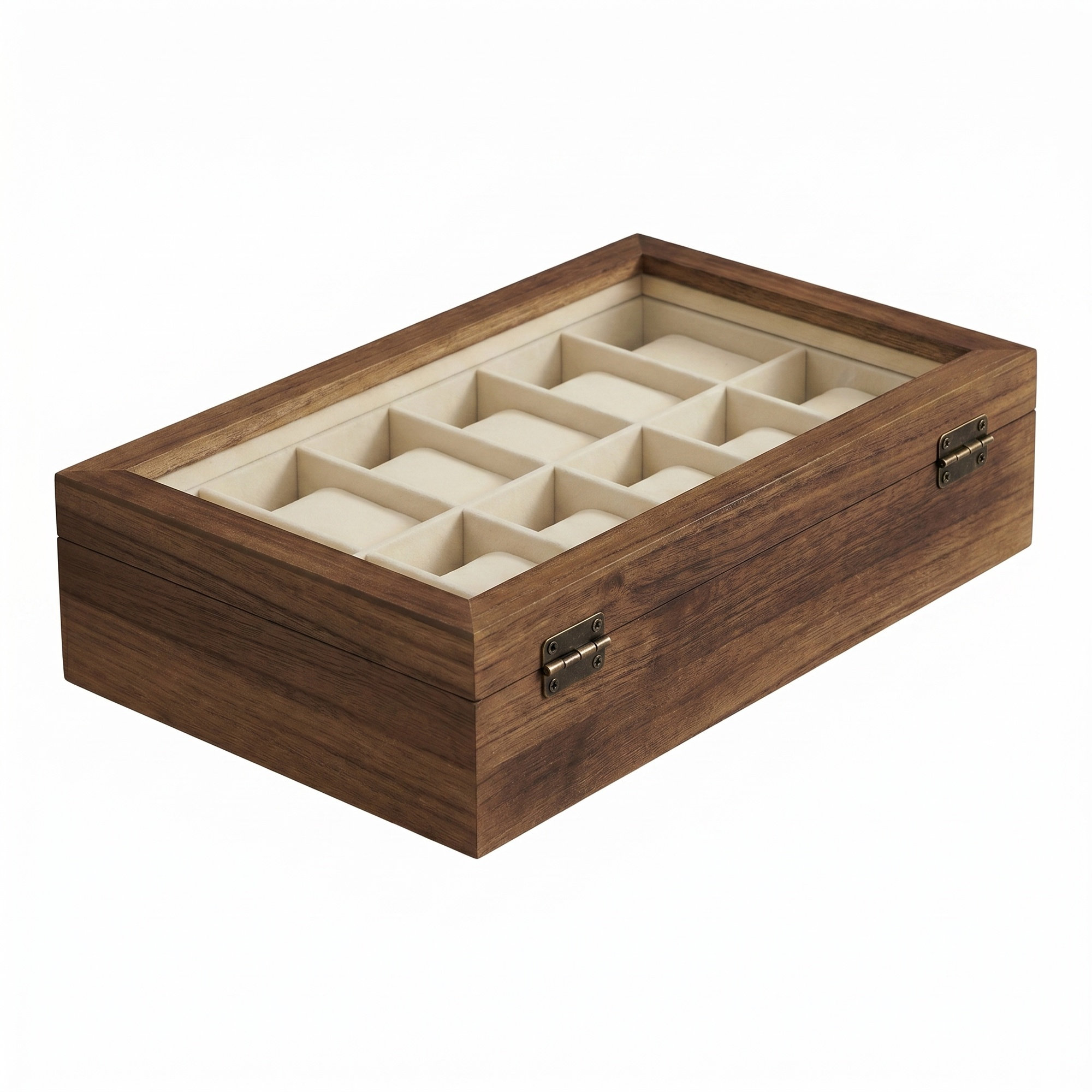 12-Slot Solid Wood Watch Box Case, Watch Organiser with Glass Lid, Gift Idea, Walnut Color