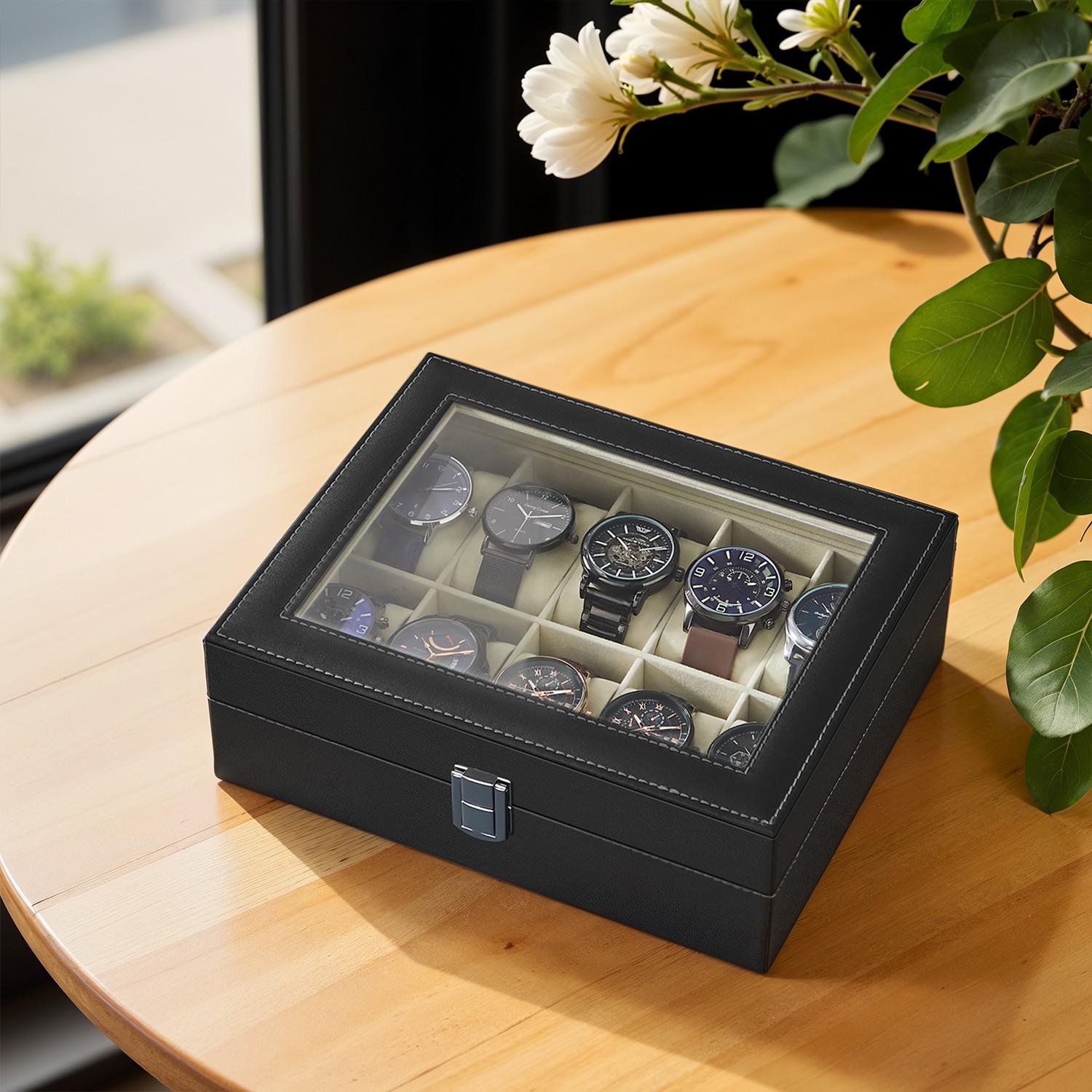 10-Slot Watch Box Organizer, Watch Case with Large Glass Lid, Removable Watch Pillows