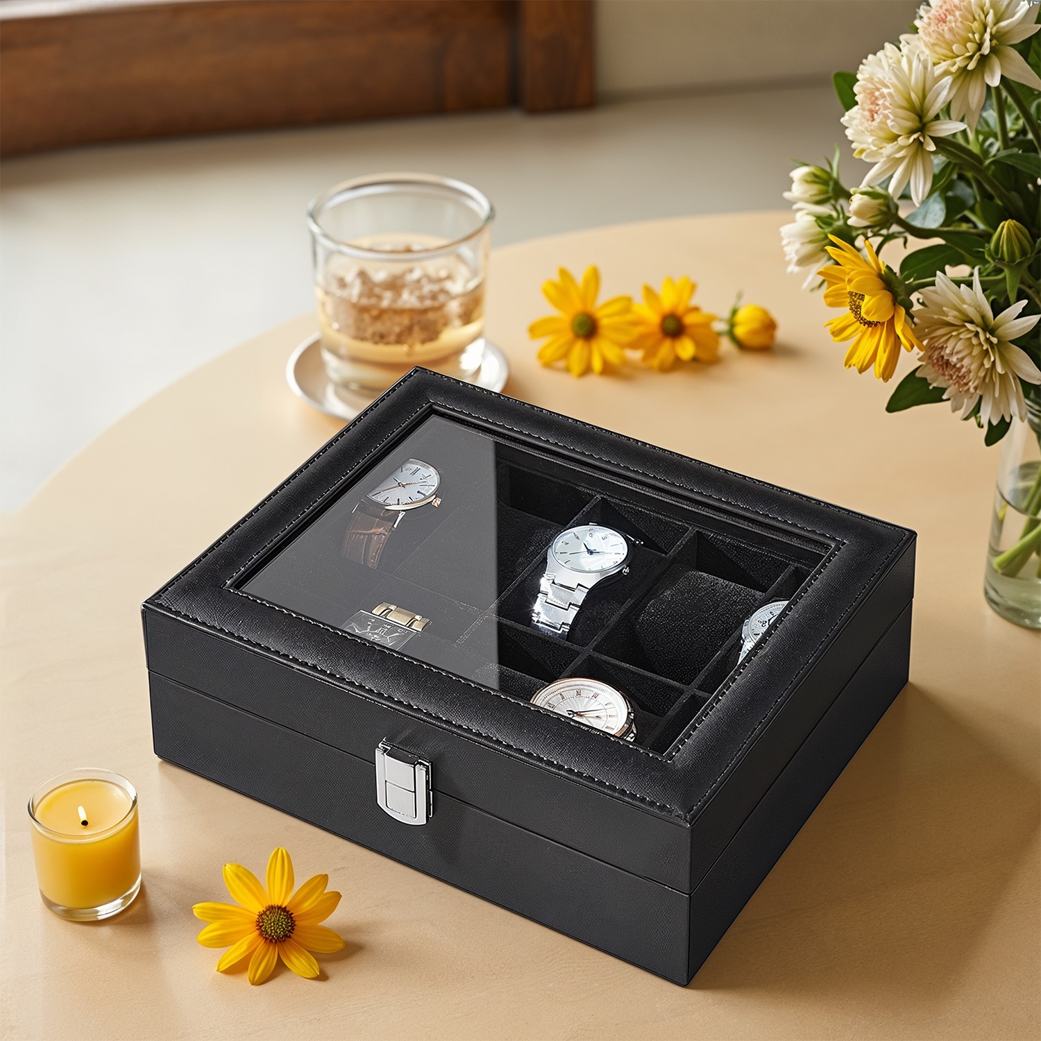10-Slot Watch Box Organizer, Watch Case with Large Glass Lid, Removable Watch Pillows