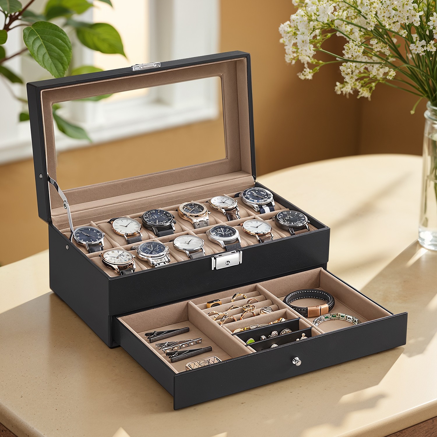12-Slot Watch Box, Lockable Watch Case with Glass Lid, Drawer