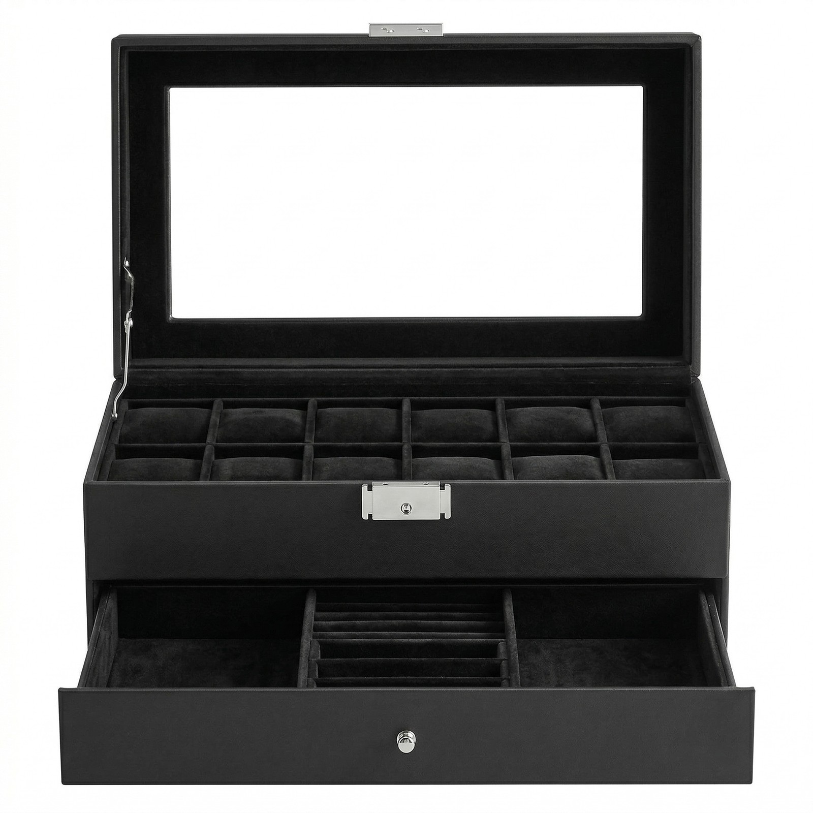 12-Slot Watch Box, Lockable Watch Case with Glass Lid, Drawer