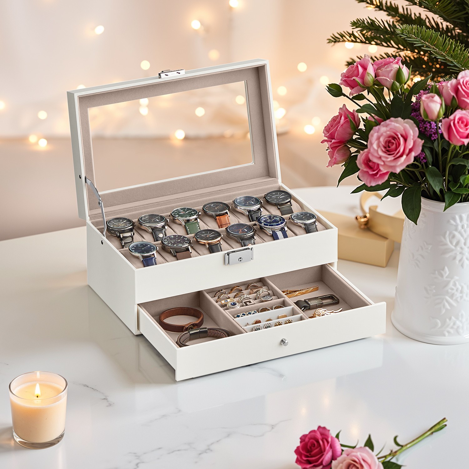 12-Slot Watch Box, Lockable Watch Case with Glass Lid, Drawer 12-Slot Watch Box, Lockable Watch Case with Glass Lid, Drawer