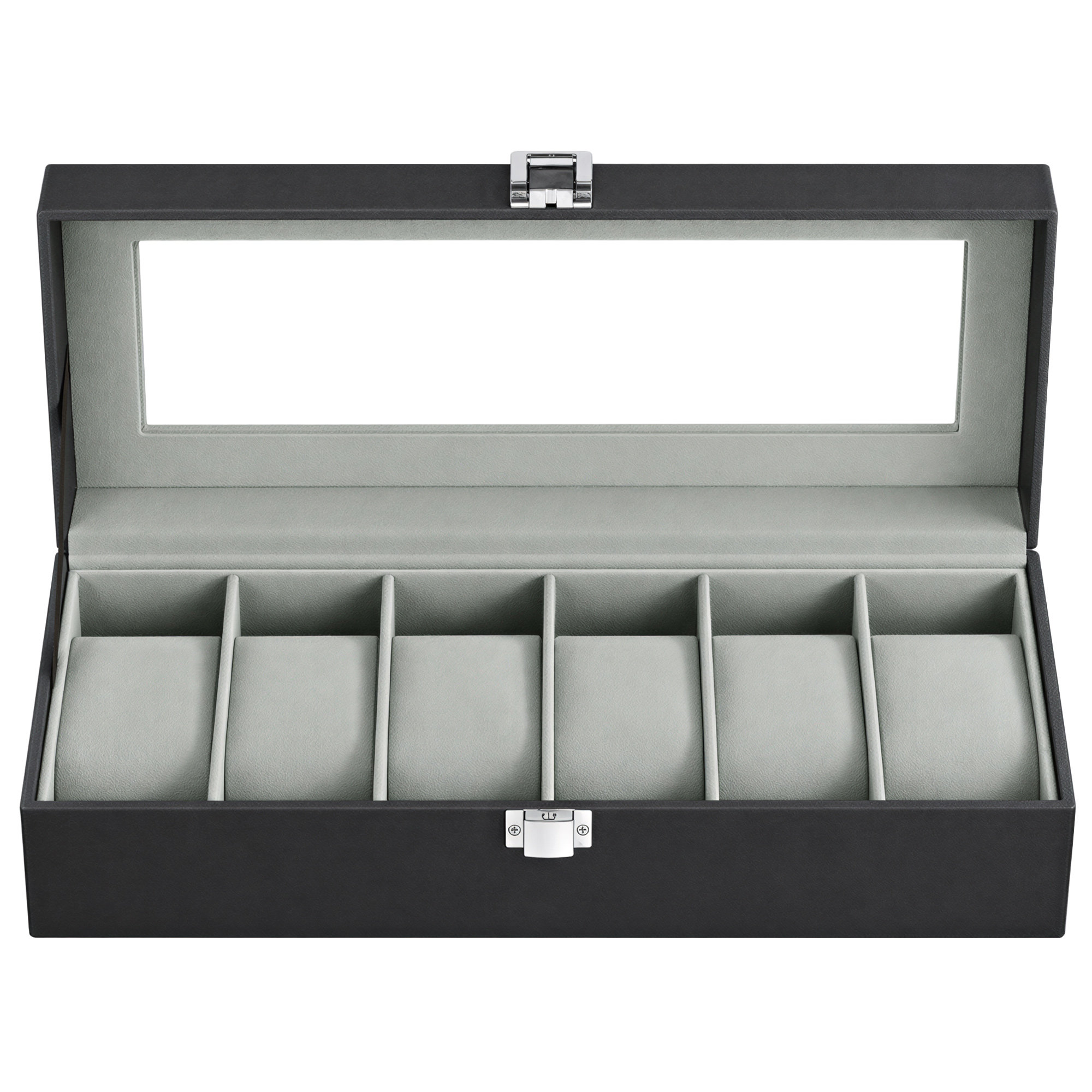 6 Watch Organiser Case, Glass Top Watch Box 6-Slot, with Pillows and Secure Clasp, Black and Grey