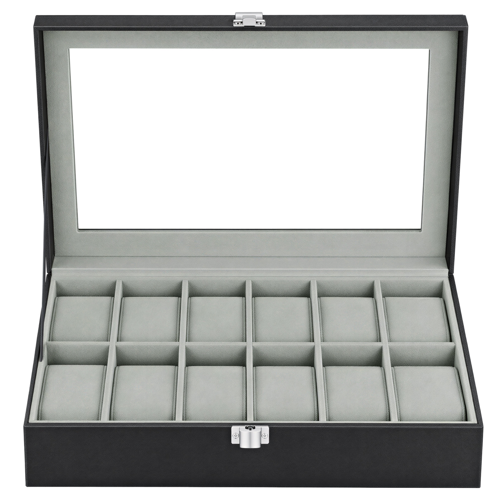 12-Slot Watch Box Organizer, Watch Case with Large Glass Lid, Removable Watch Pillows