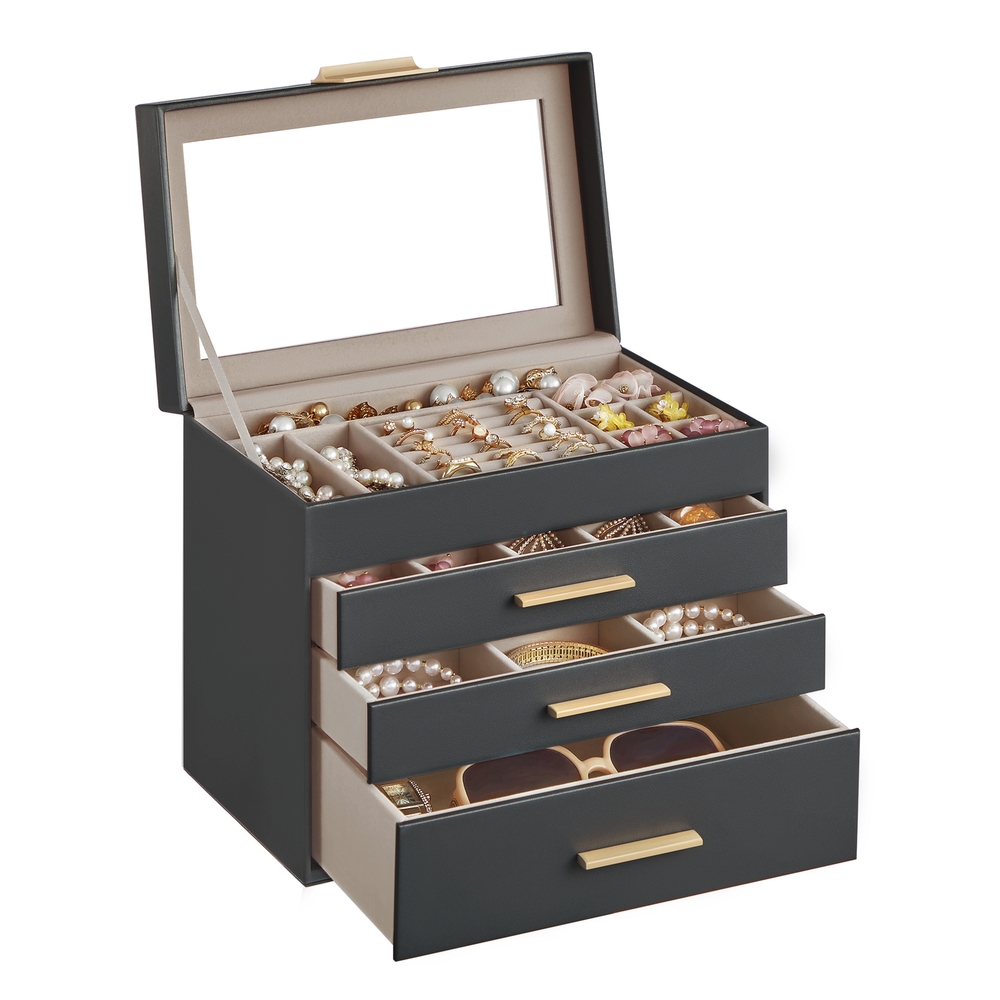Jewellery Box with Glass Lid Grey and Gold Colour Jewellery Box with Glass Lid Grey and Gold Colour