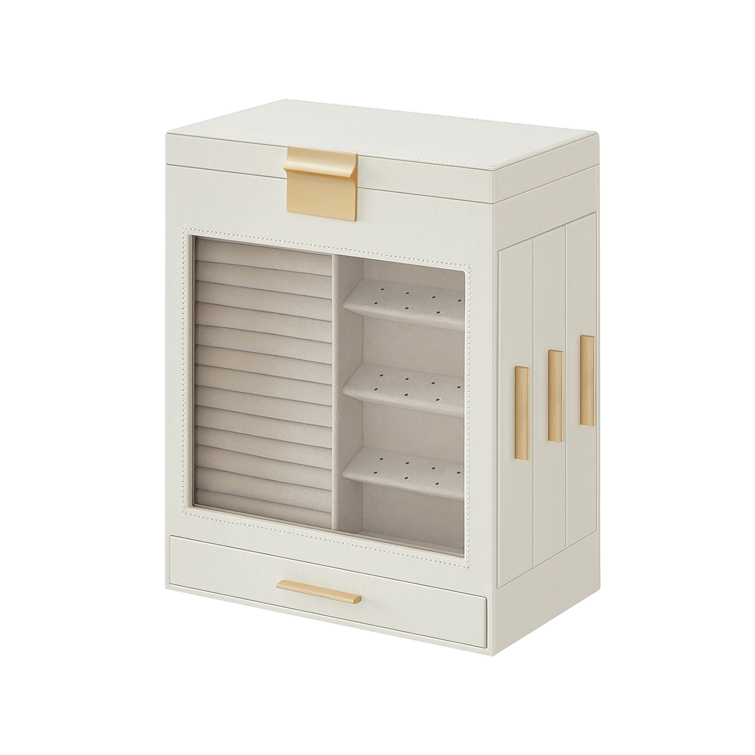 Jewellery Box with Glass Window, 5-Layer Jewellery Organiser with 3 Side Drawers, Jewellery Storage, with Vertical Storage Space, Big Mirror, Modern Style, Cloud White JBC162W01
