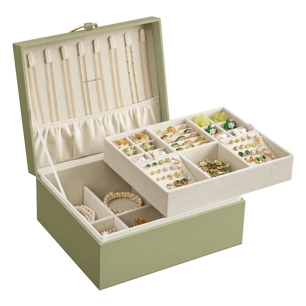 2-Layer Jewellery Box with Handle Removable Jewellery Tray Laurel Green