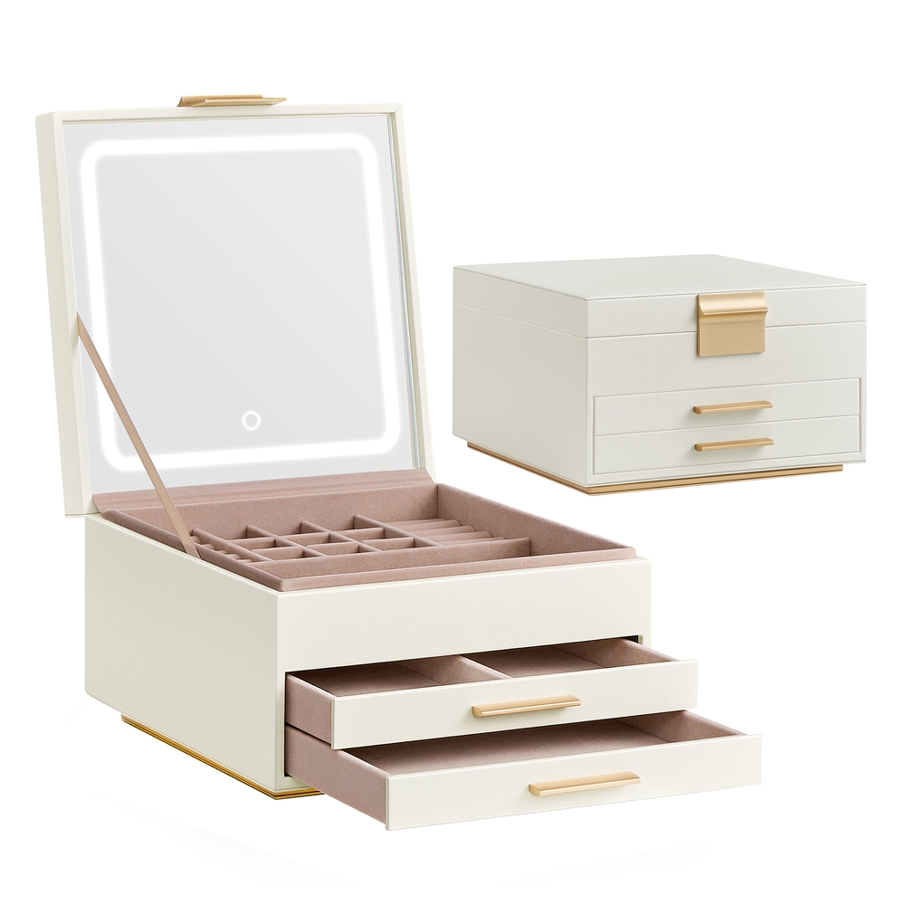 3-Layer Jewellery Box with Mirror Cream White and Gold 3-Layer Jewellery Box with Mirror Cream White and Gold