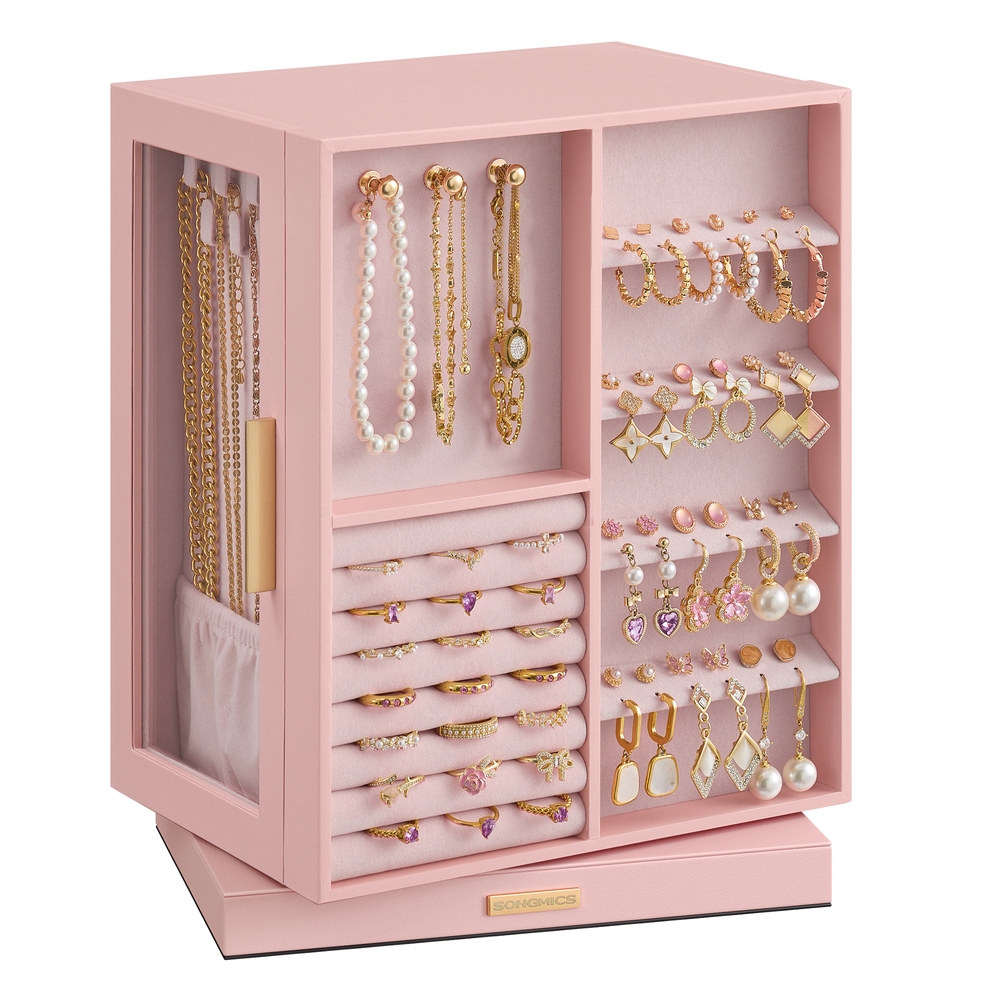 Jewellery Box 360° Rotating with 5 Drawers Glass Window Open Design Jelly Pink