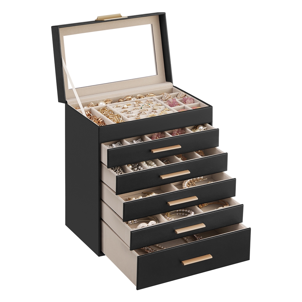 6-Tier Jewellery Box with Glass Lid Graphite Black and Gold Colour