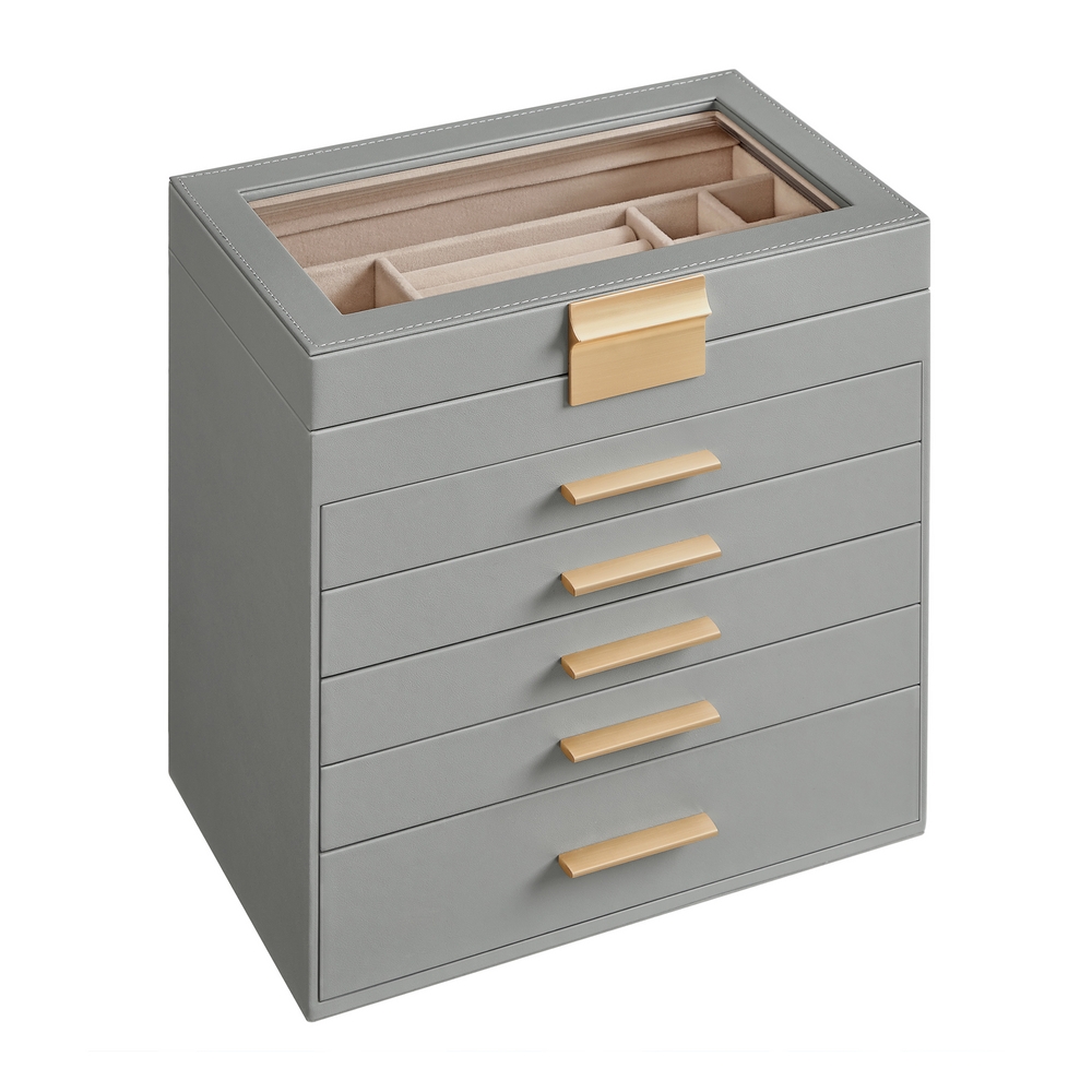 6-Tier Jewellery Box with Lid Dove Grey and Gold Colour