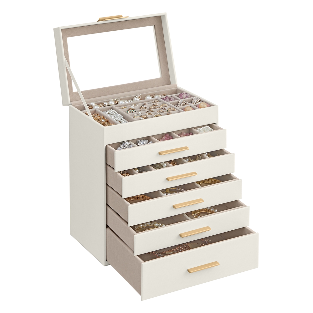 6-Tier Jewellery Box with Glass Lid Cloud White and Gold Colour