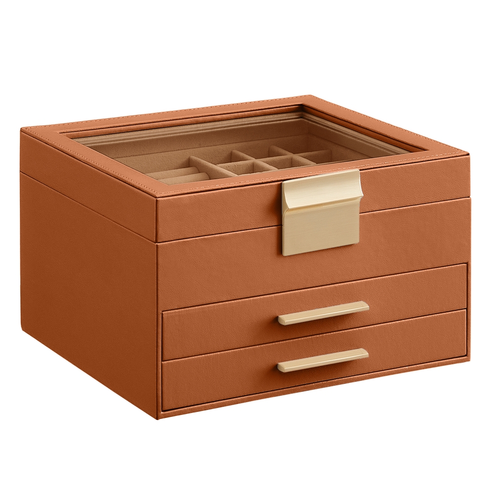 3-Tier Jewellery Box with Lid Caramel Brown and Gold