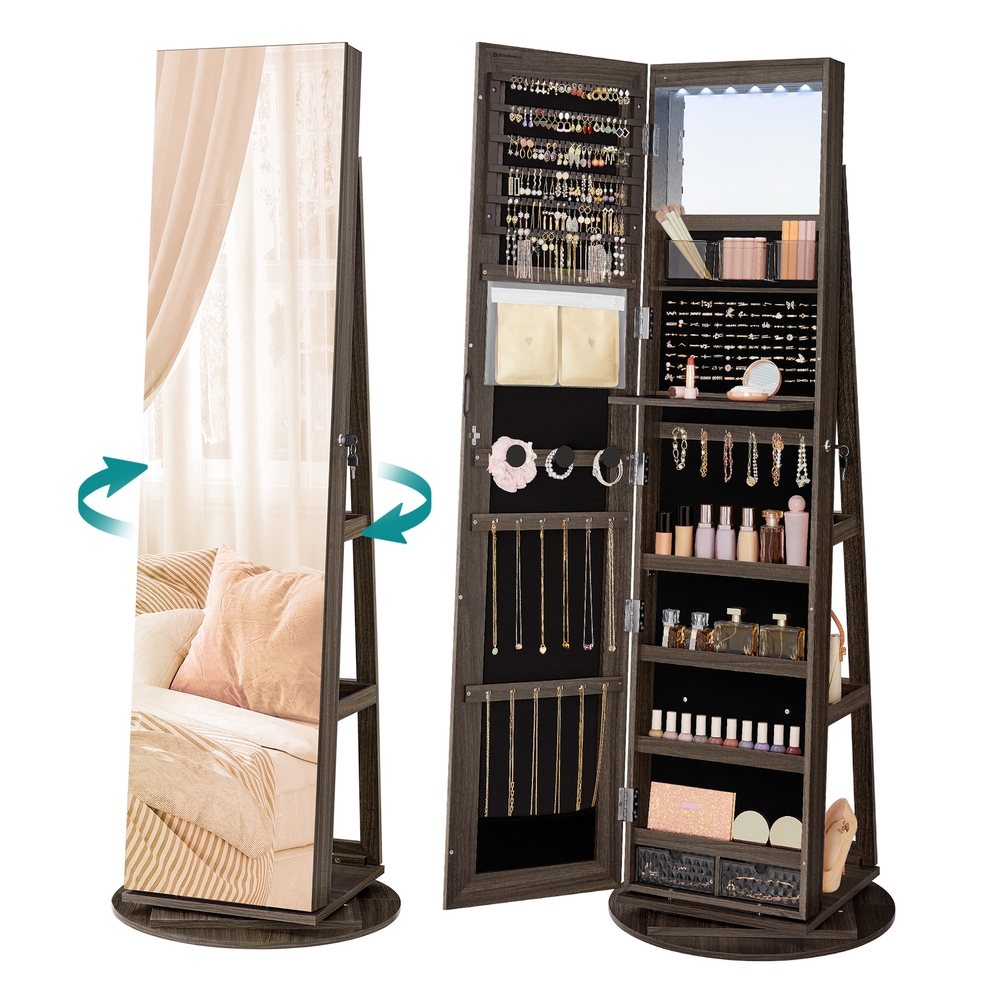 6 LEDs Mirror Jewellery Cabinet Ash Brown and Ink Black