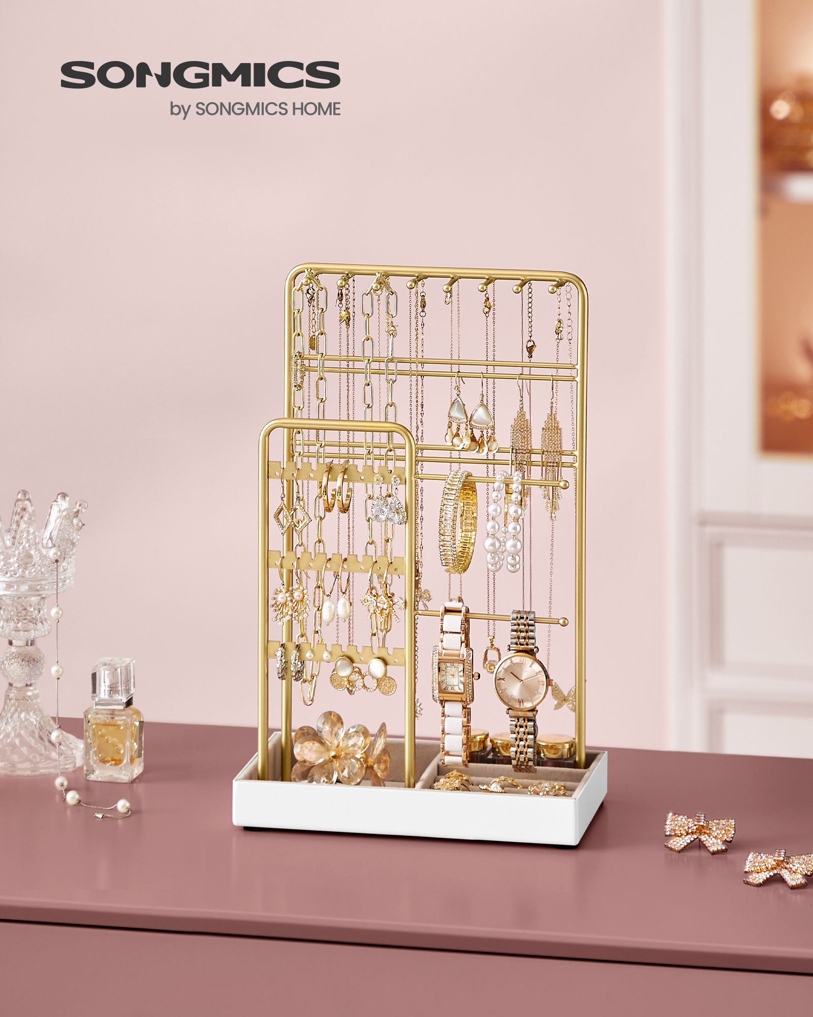 Jewellery Display Stand with Gold Metal Frame and Velvet Tray