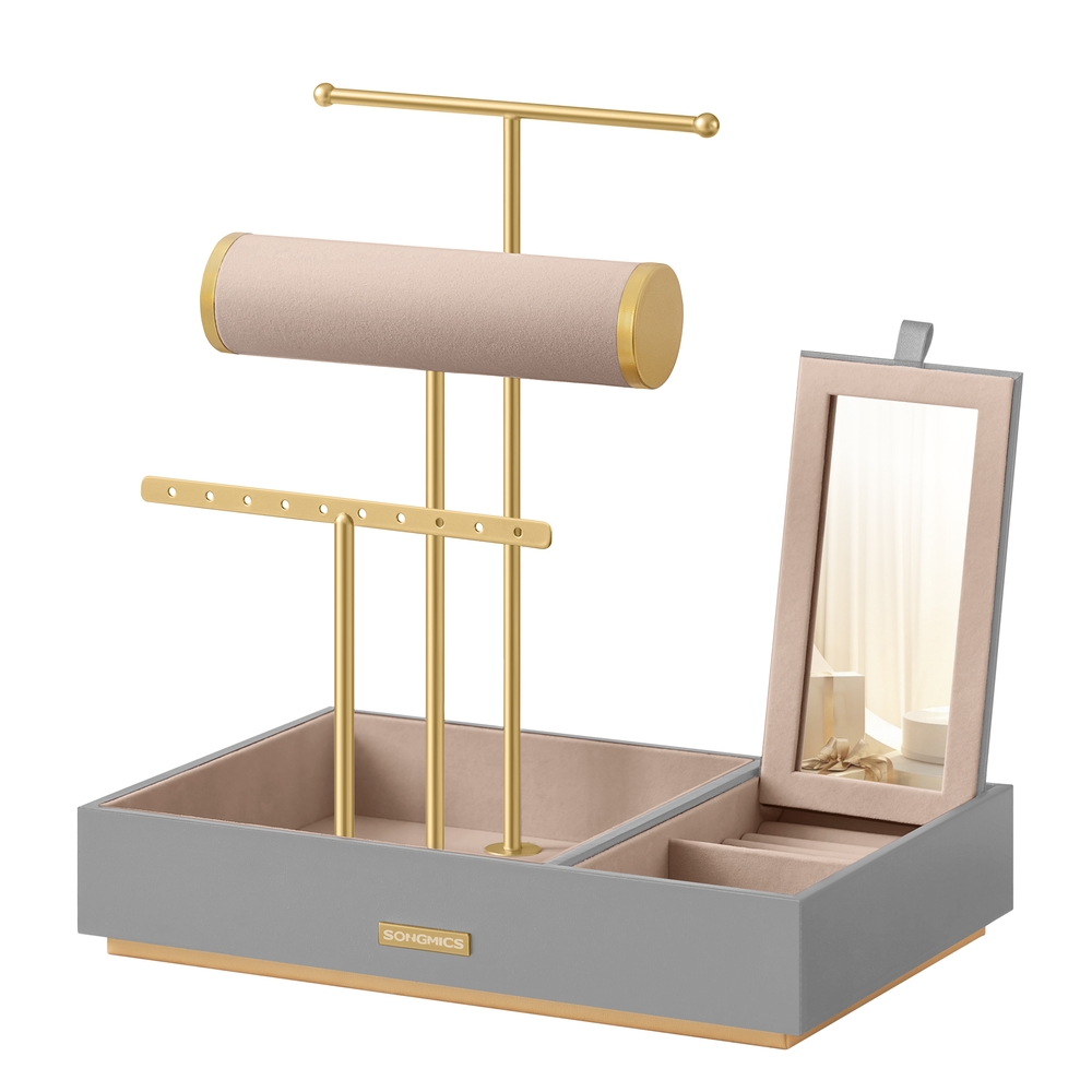 Metal Jewellery Stand with Mirror Dove Grey and Gold