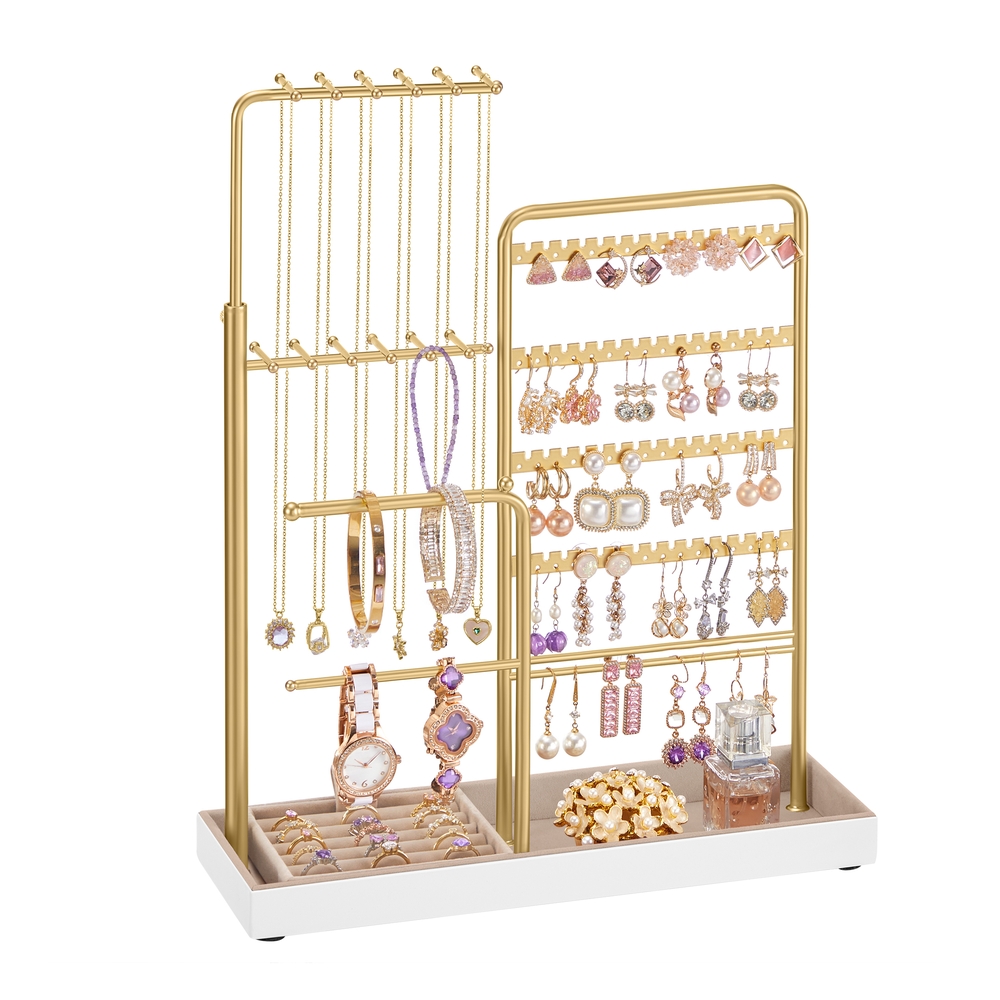Jewellery organiser with metal frame and adjustable velvet stand