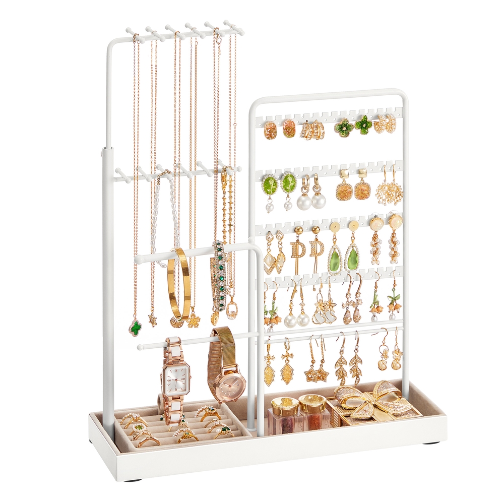 Jewellery organiser with metal frame and adjustable velvet stand