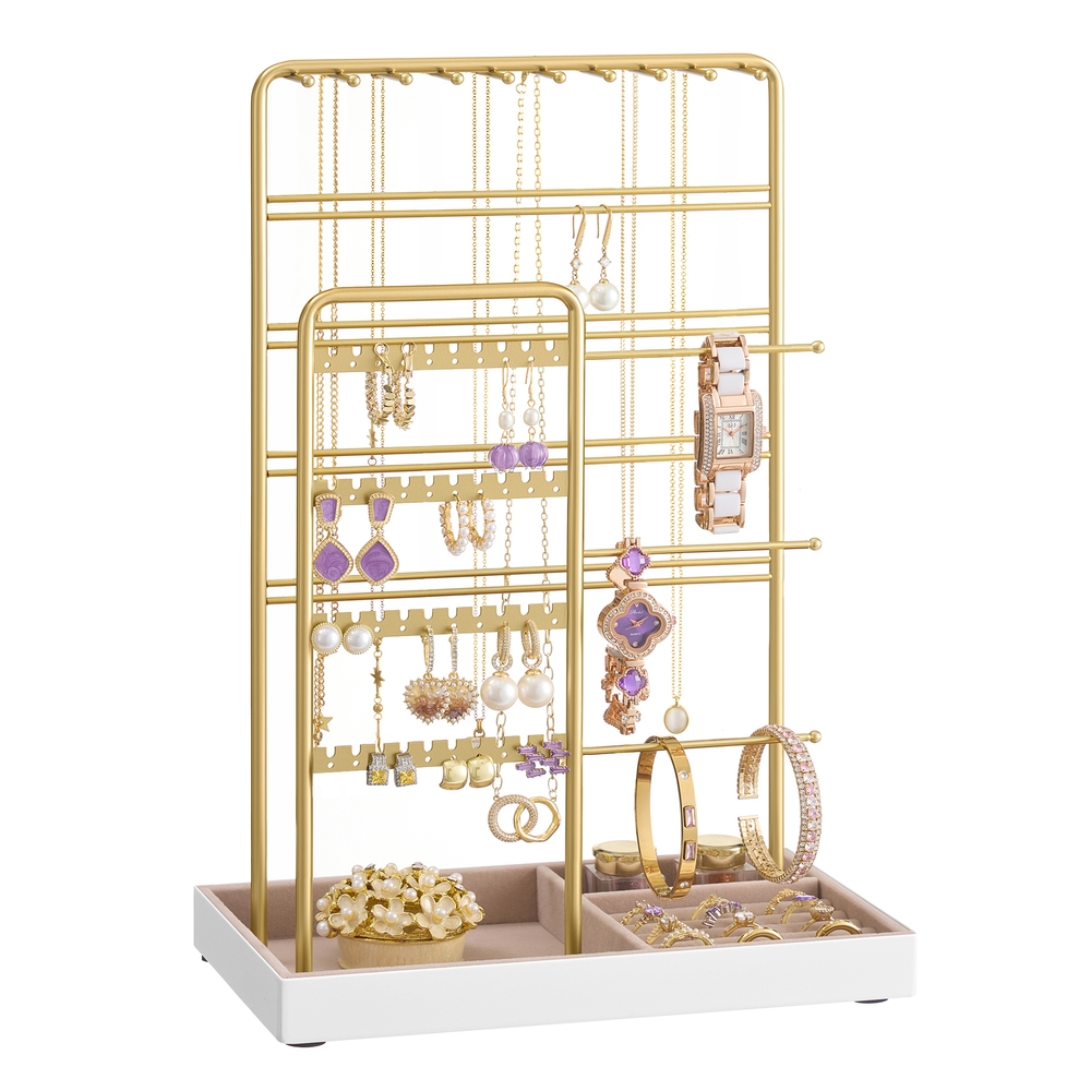 Jewellery Stand Metal Frame Velvet Tray Pale Gold