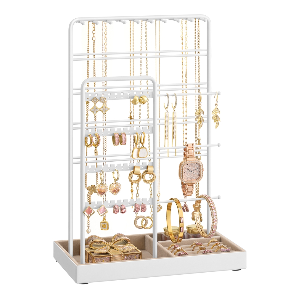 Jewellery Stand Metal Frame Velvet Tray Matte White