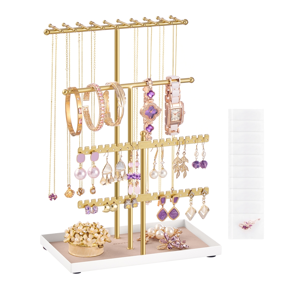 Jewellery Stand with Metal Frame and Velvet Tray Pale Gold