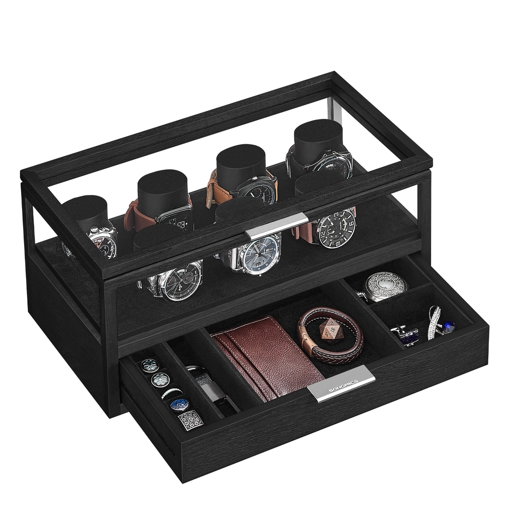2-Tier Watch Box with 7 Pillars and Drawer Ink Black