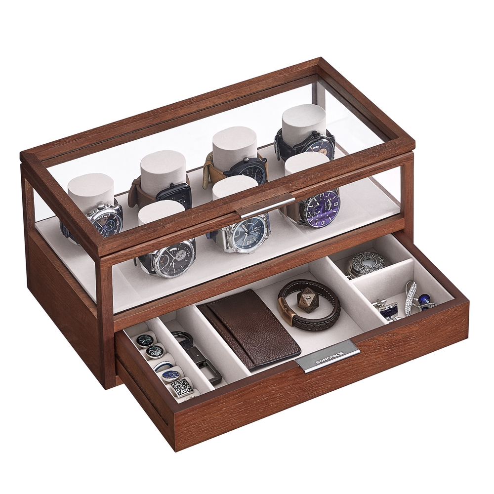 2-Tier Solid Wood Watch Box with 7 Pillars and Drawer