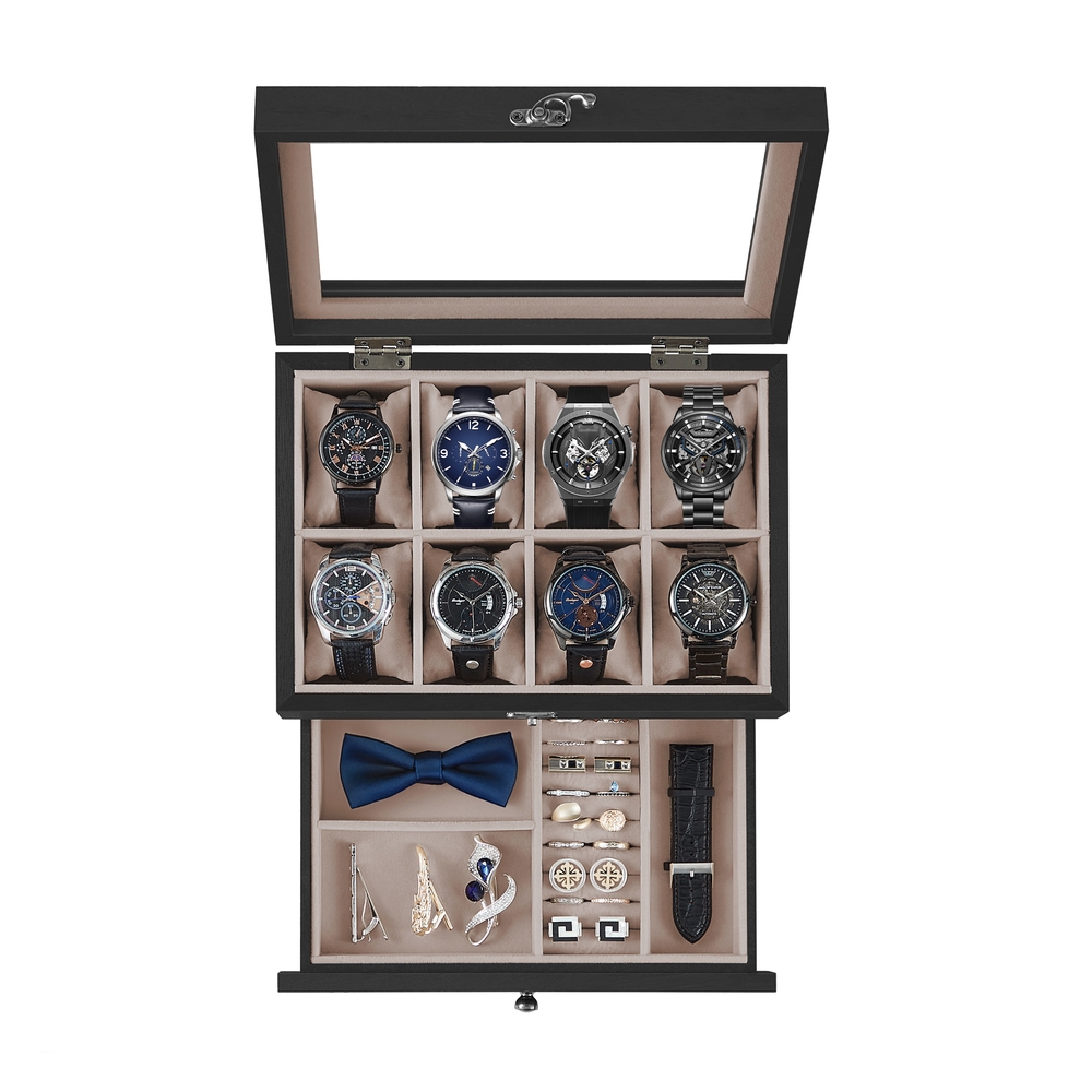 Watch Box with 8 Slots, 2-Tier Wood Watch Case with Large Glass Lid Watch Box with 8 Slots, 2-Tier Wood Watch Case with Large Glass Lid