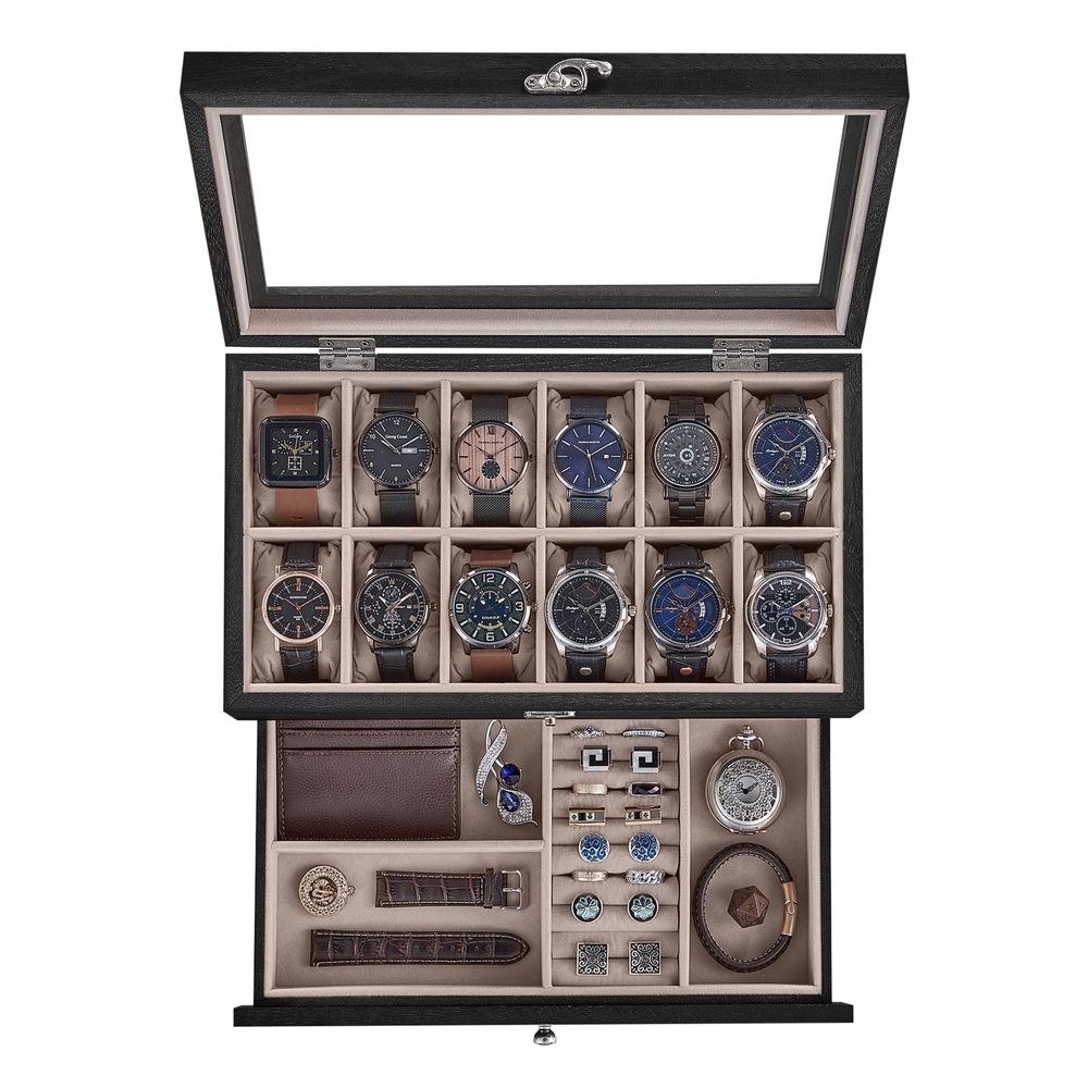 2-Tier Watch Box with 12 Slots and Glass Lid
