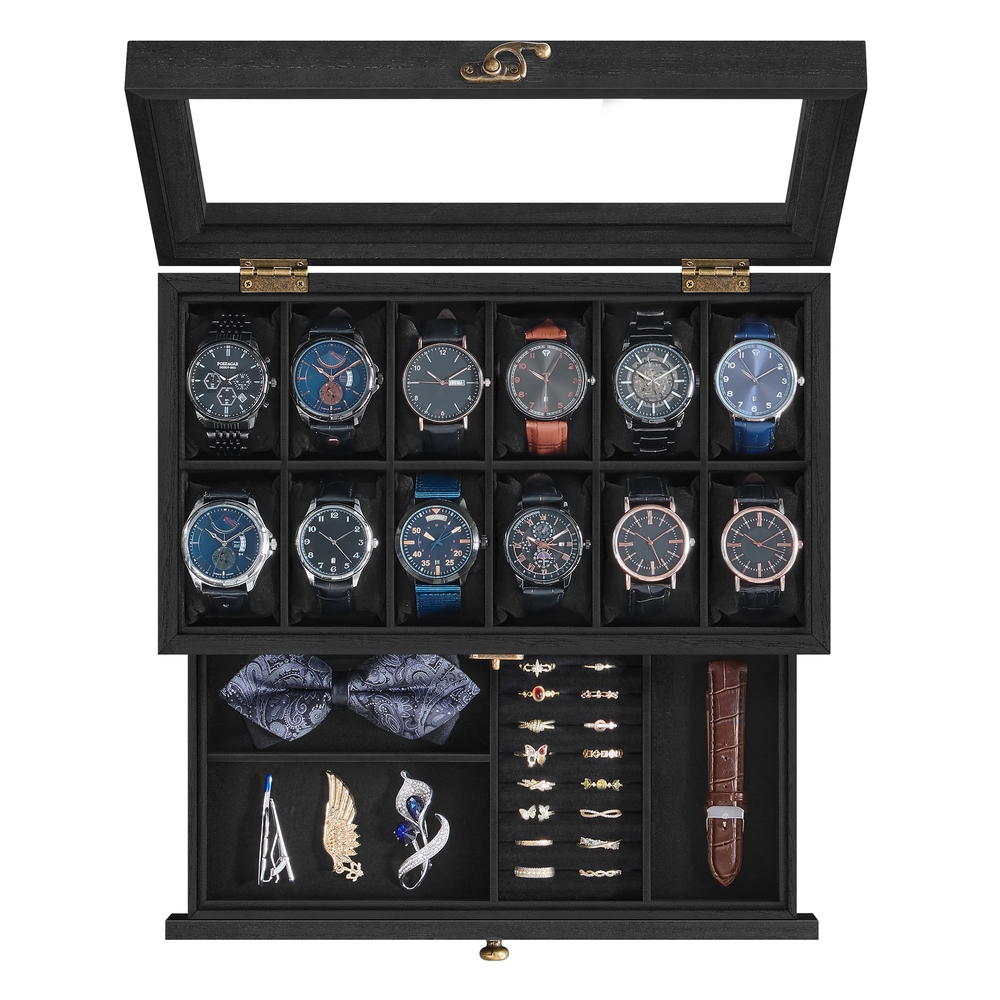 2-Tier Wood Watch Case with Large Glass Lid Ink Black