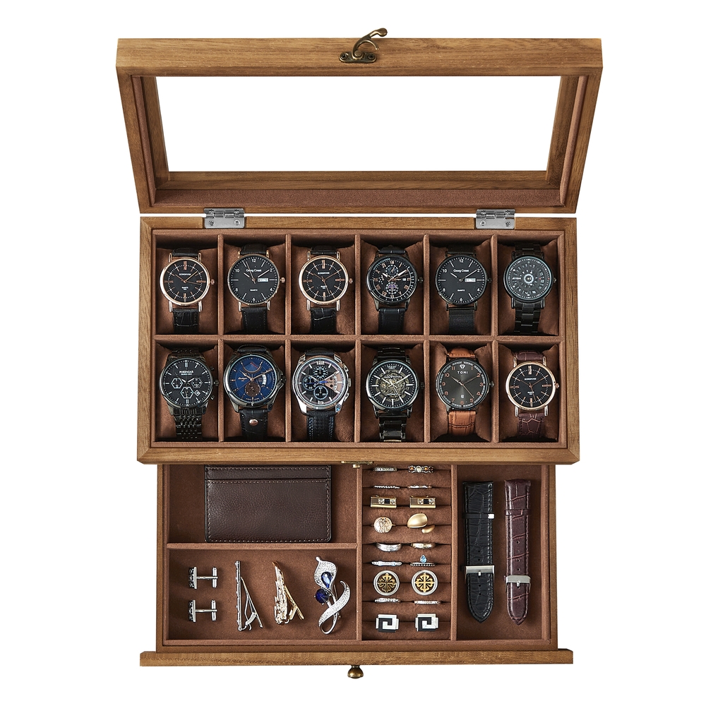 Watch Box with 12 Slots, 2-Tier Wood Watch Case with Large Glass Lid