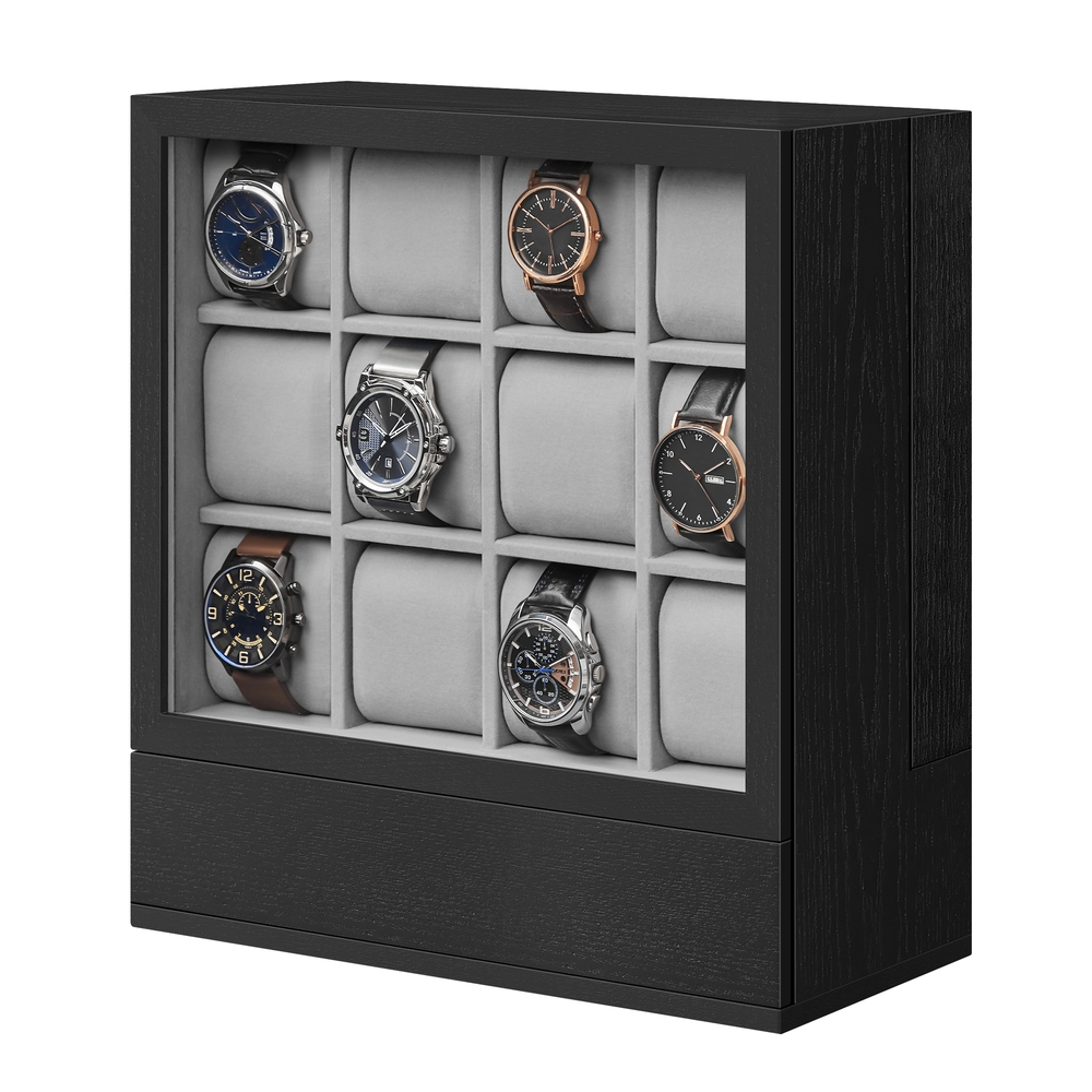 12-Slot Wooden Vertical Watch Box Ebony Black