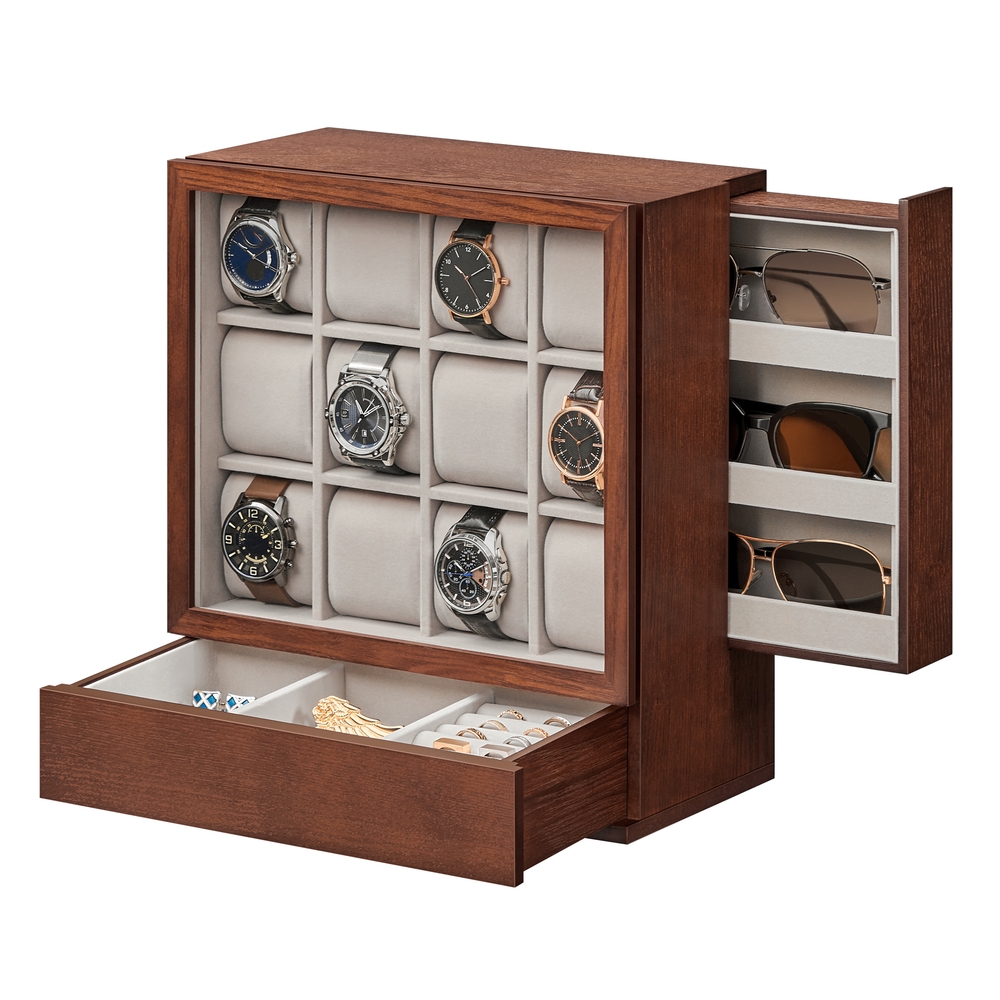 12-Slot Wooden Vertical Watch Box Coffee Brown