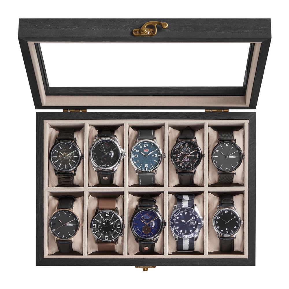 Solid Wood Watch Box with 10 Slots and Glass Lid Ebony Black