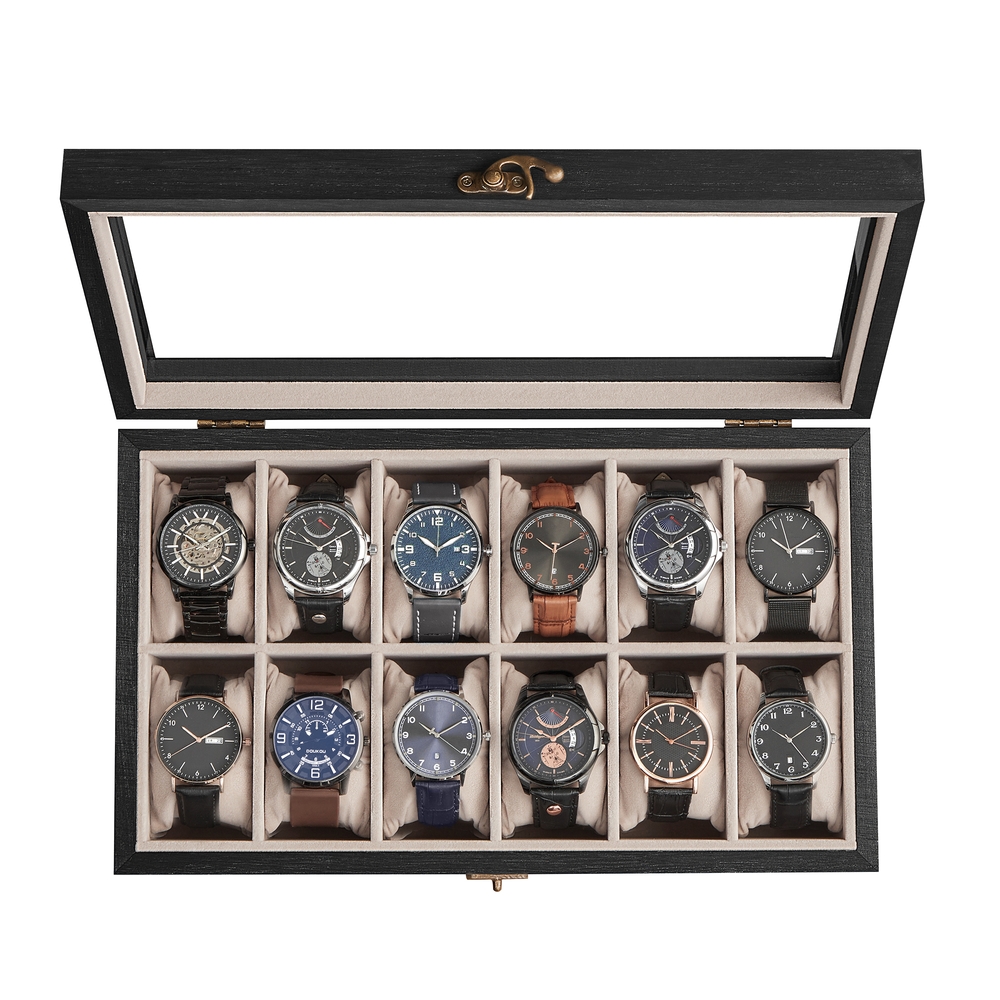 12-Slot Solid Wood Watch Box Ebony Black