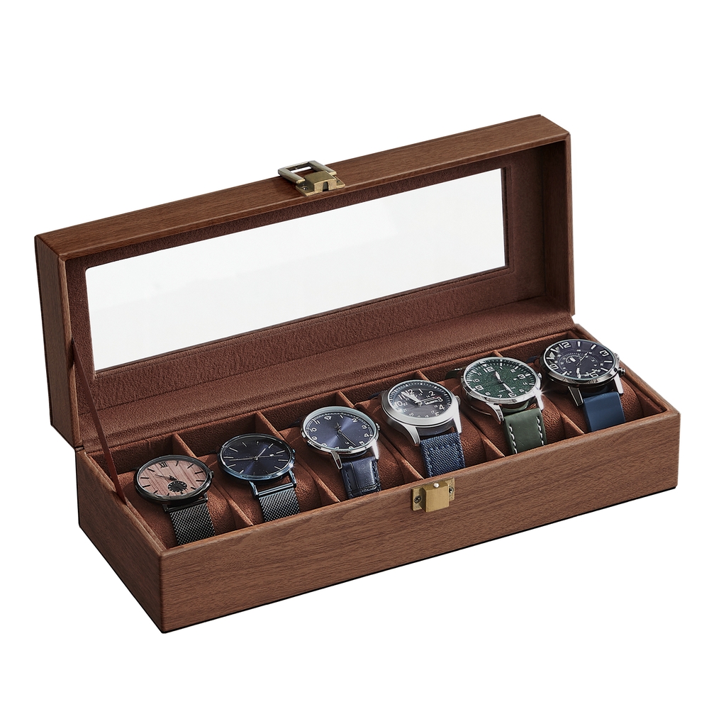 Watch Box with 6 Slots, Watch Box, Glass Lid, Removable Pads