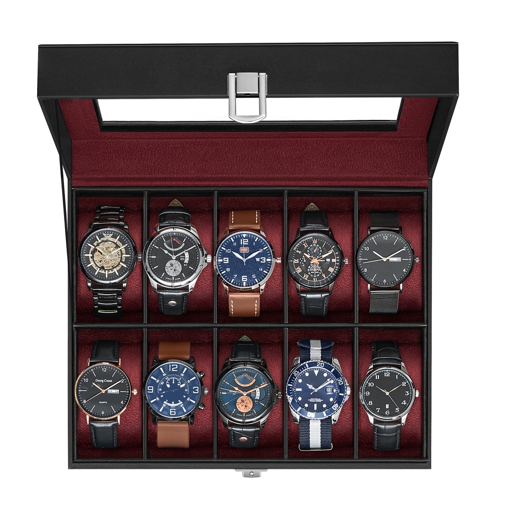 Watch Box with 10 Slots, Watch Case with Glass Lid