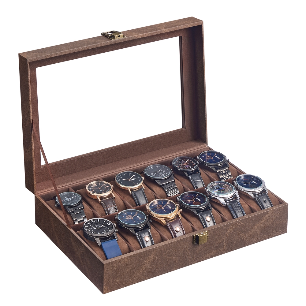 Watch Box with 12 Slots Removable Pillows Coffee Brown Synthetic Leather